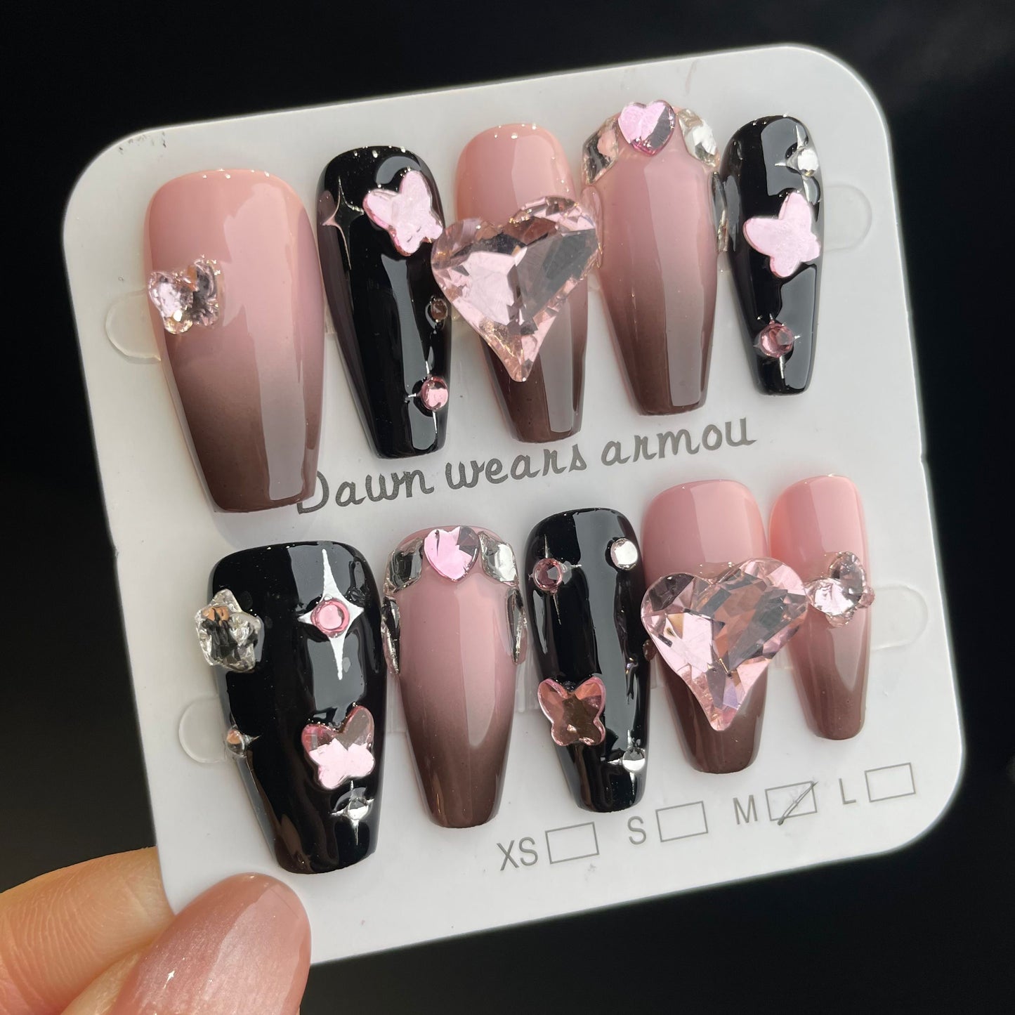 Handmade Press On Nails Long Coffin Black pink heart-XiXX