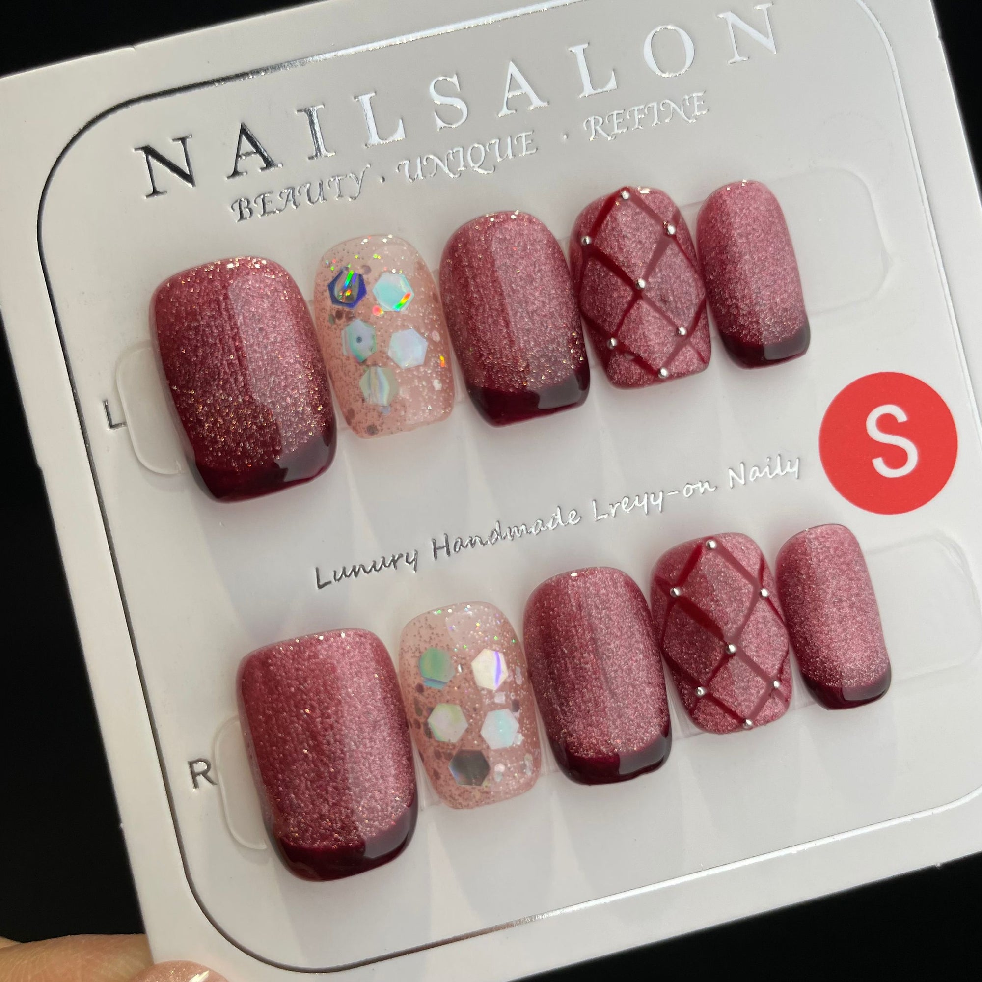 Handmade Press On Nails Short Coffin Plum color flash-YiH