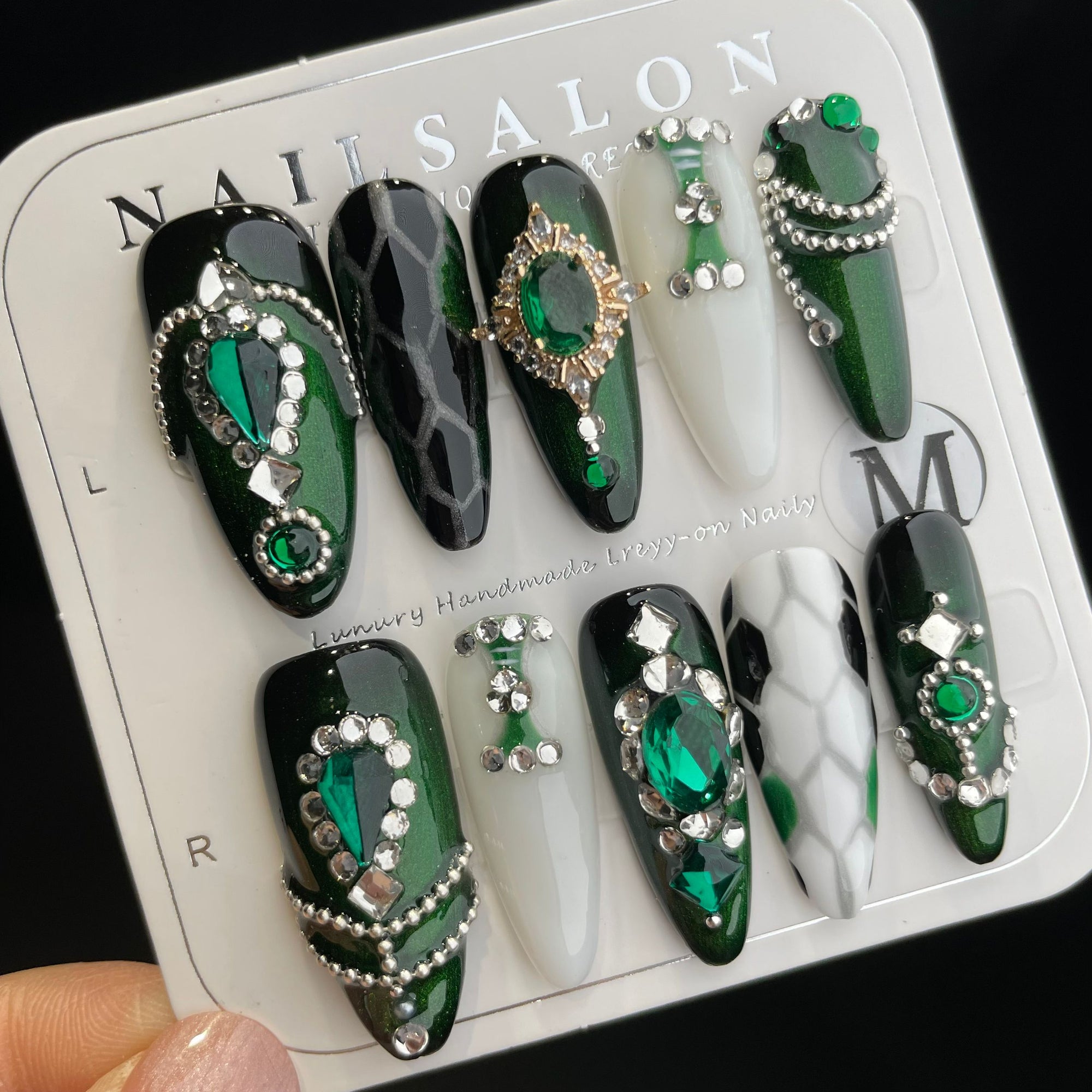 Handmade Press On Nails Long Almond Gorgeous diamond green Medusa-YiH