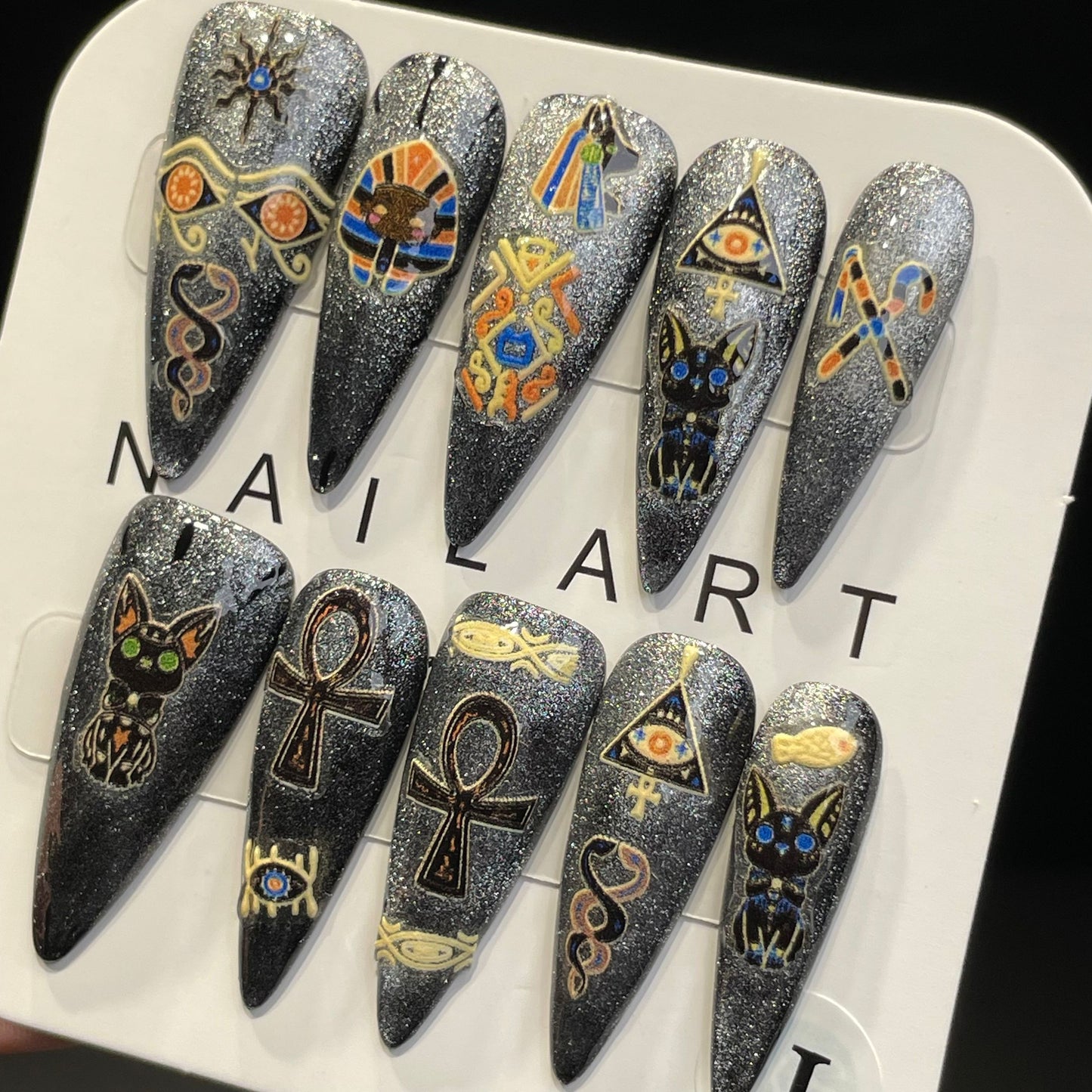 Handmade Press On Nails Long Stiletto Egyptian cat pharaoh