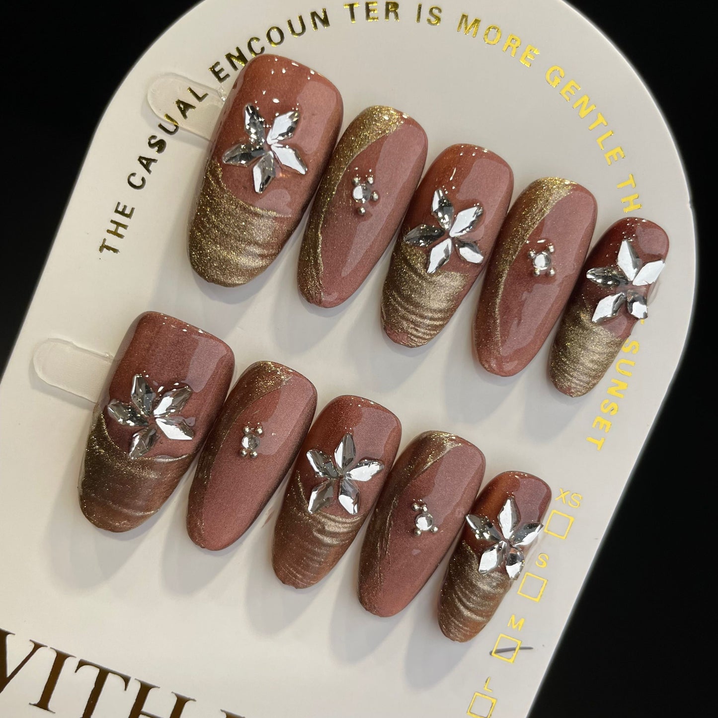 Handmade Press On Nails Long Almond Brown flower