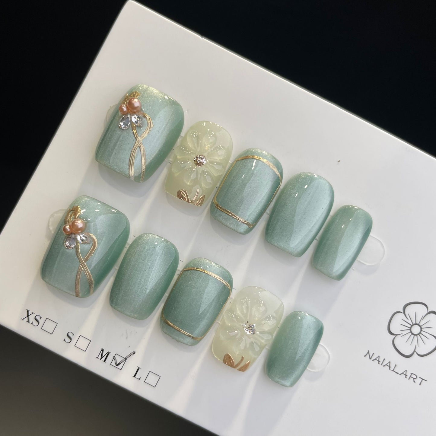 Handmade Press On Nails Short Coffin Green ice flower-DaH