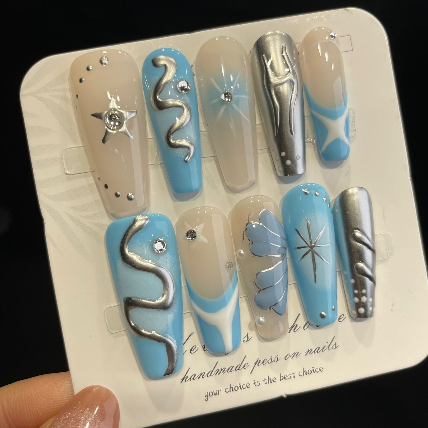 Handmade Press On Nails Long Coffin Little blue metal snake-DaiRS