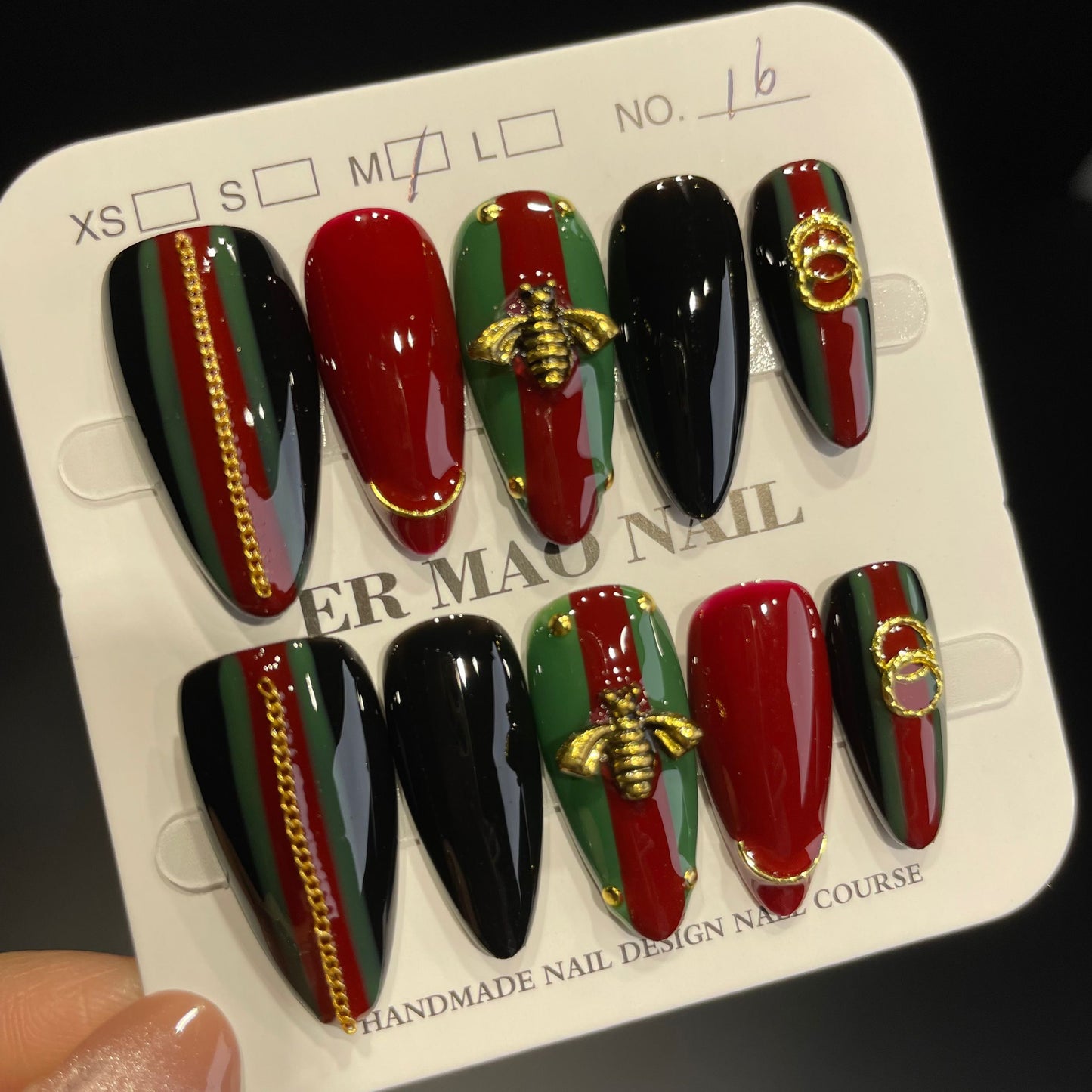 Handmade Press On Nails Long Stiletto Gucci bee