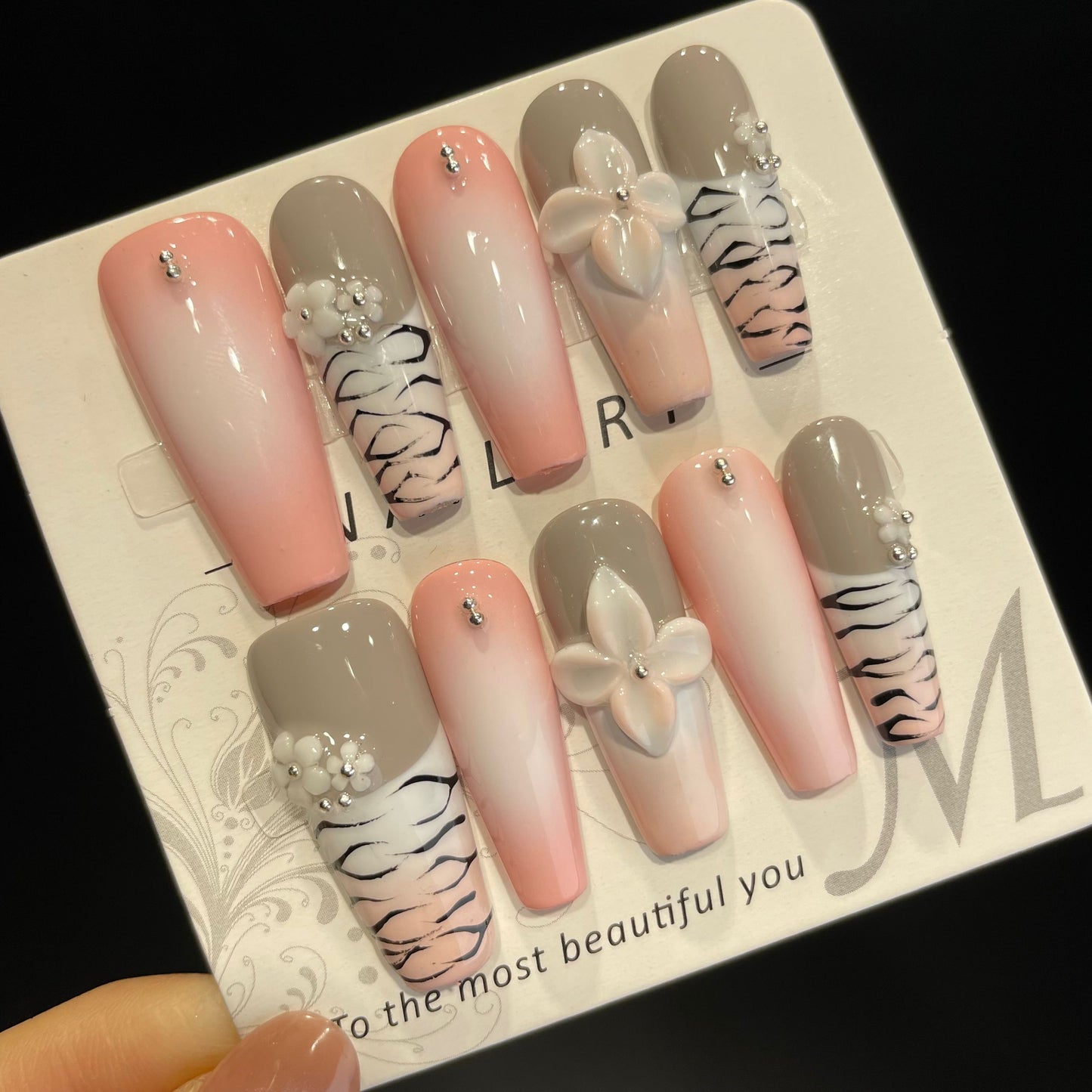 Handmade Press On Nails Long Coffin Pink and grey flowers-DaiRS