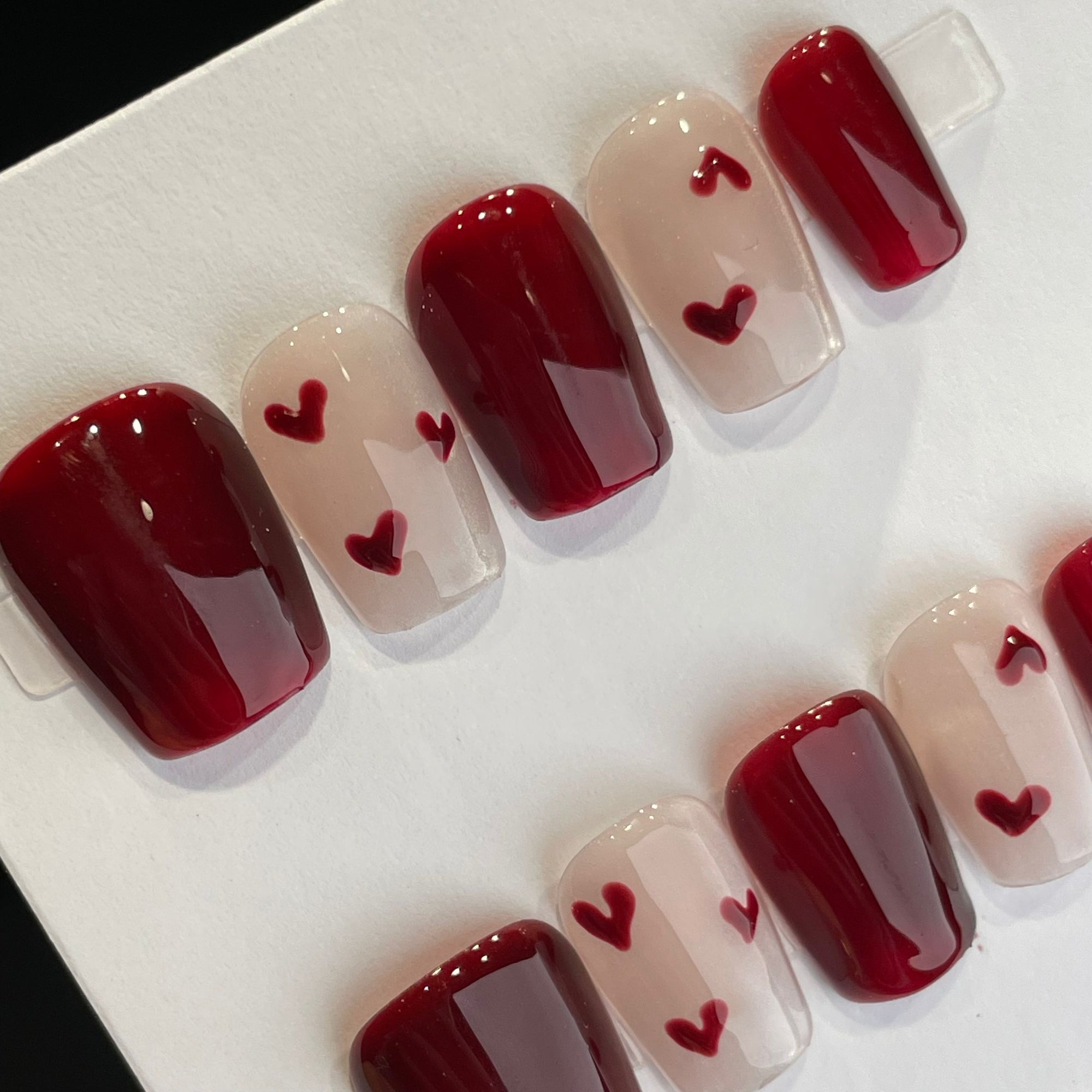 Handmade Press On Nails Short Coffin Red heart