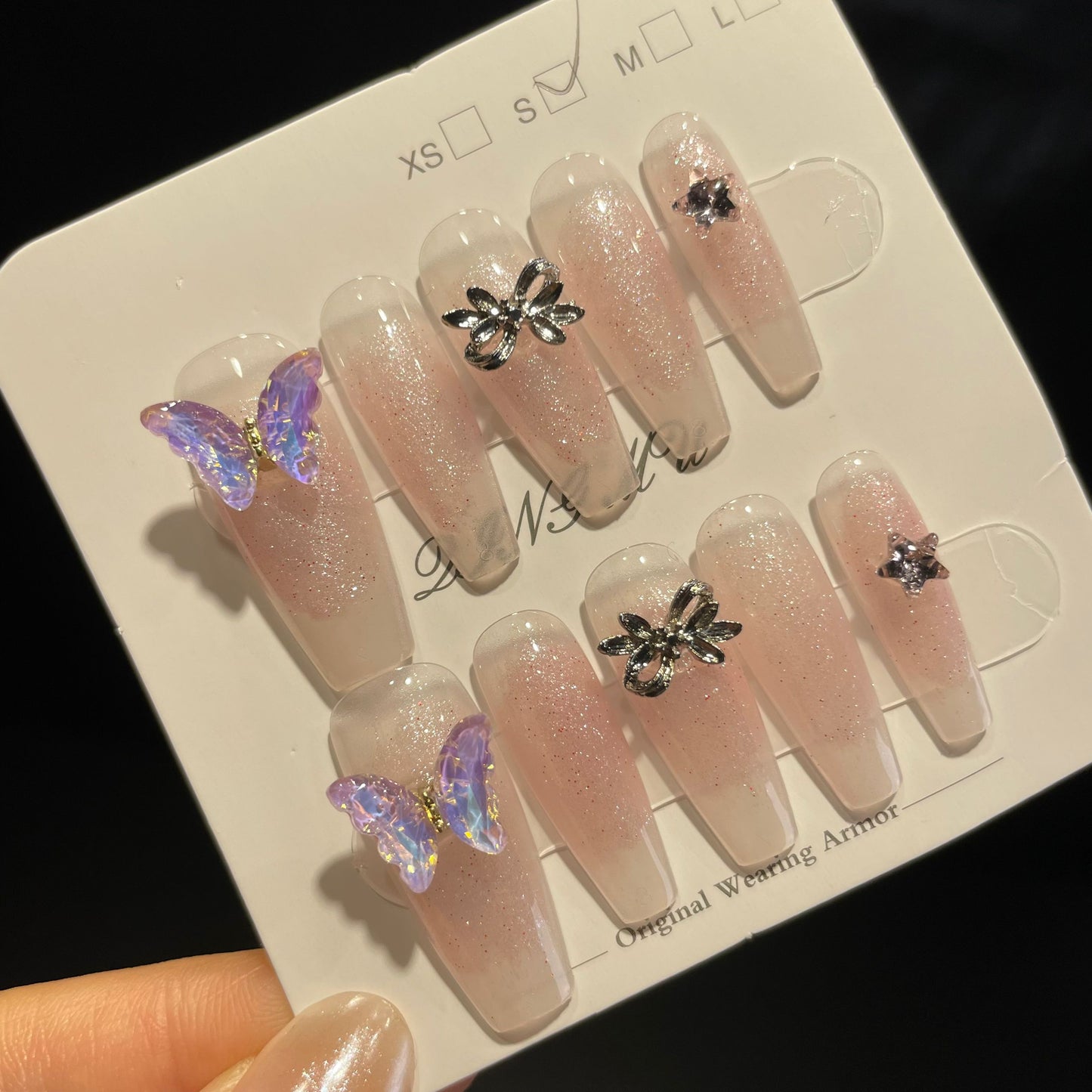 Handmade Press On Nails Long Coffin Three-dimensional butterfly