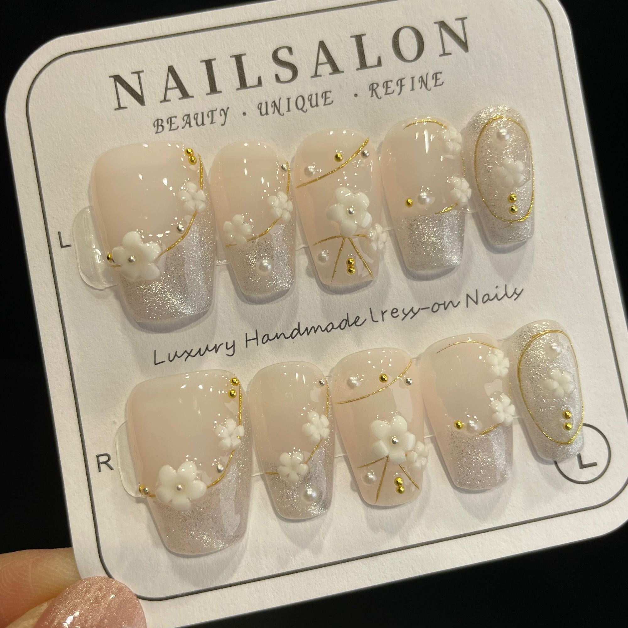 Handmade Press On Nails Medium Coffin Silver flower-YiH