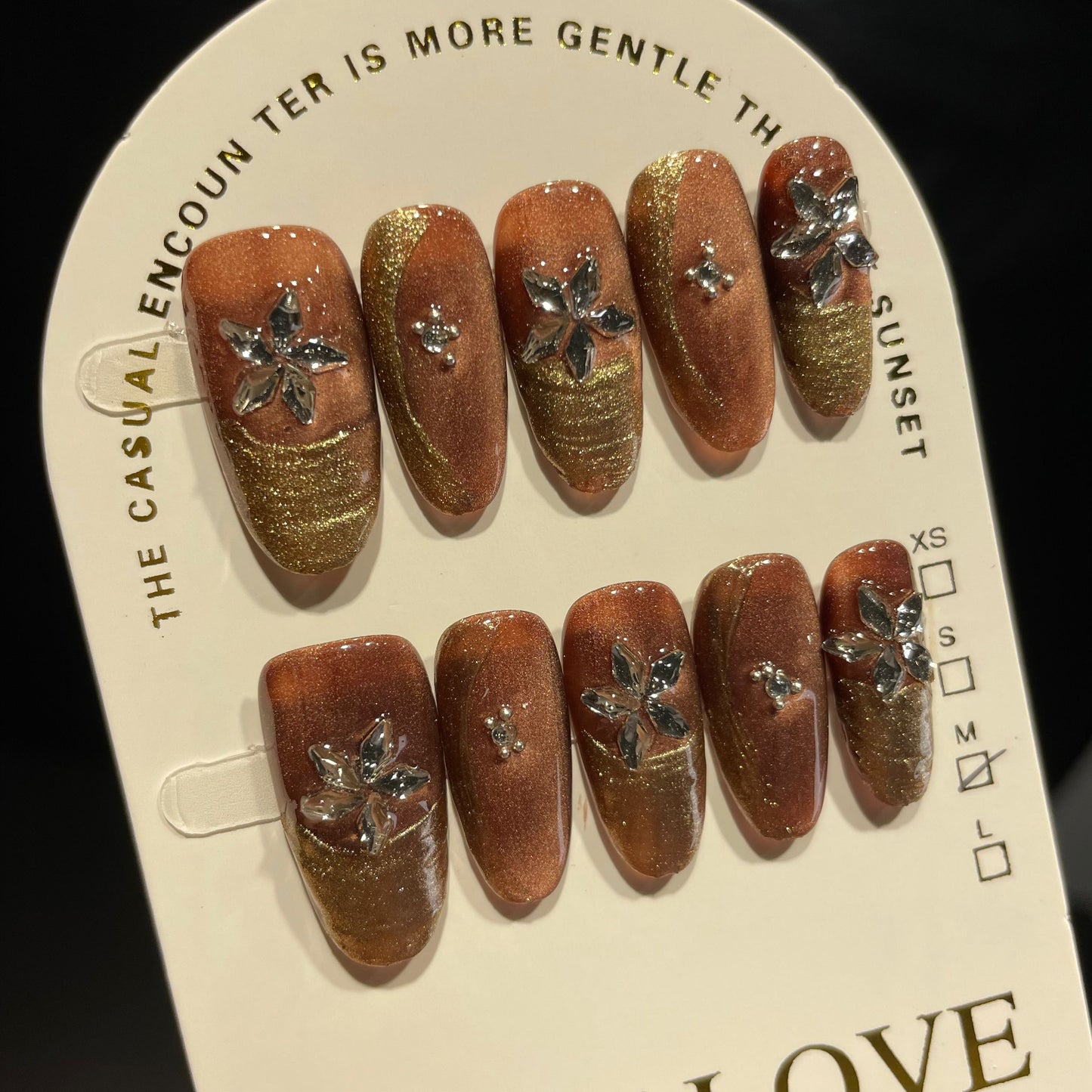 Handmade Press On Nails Long Almond Brown flower