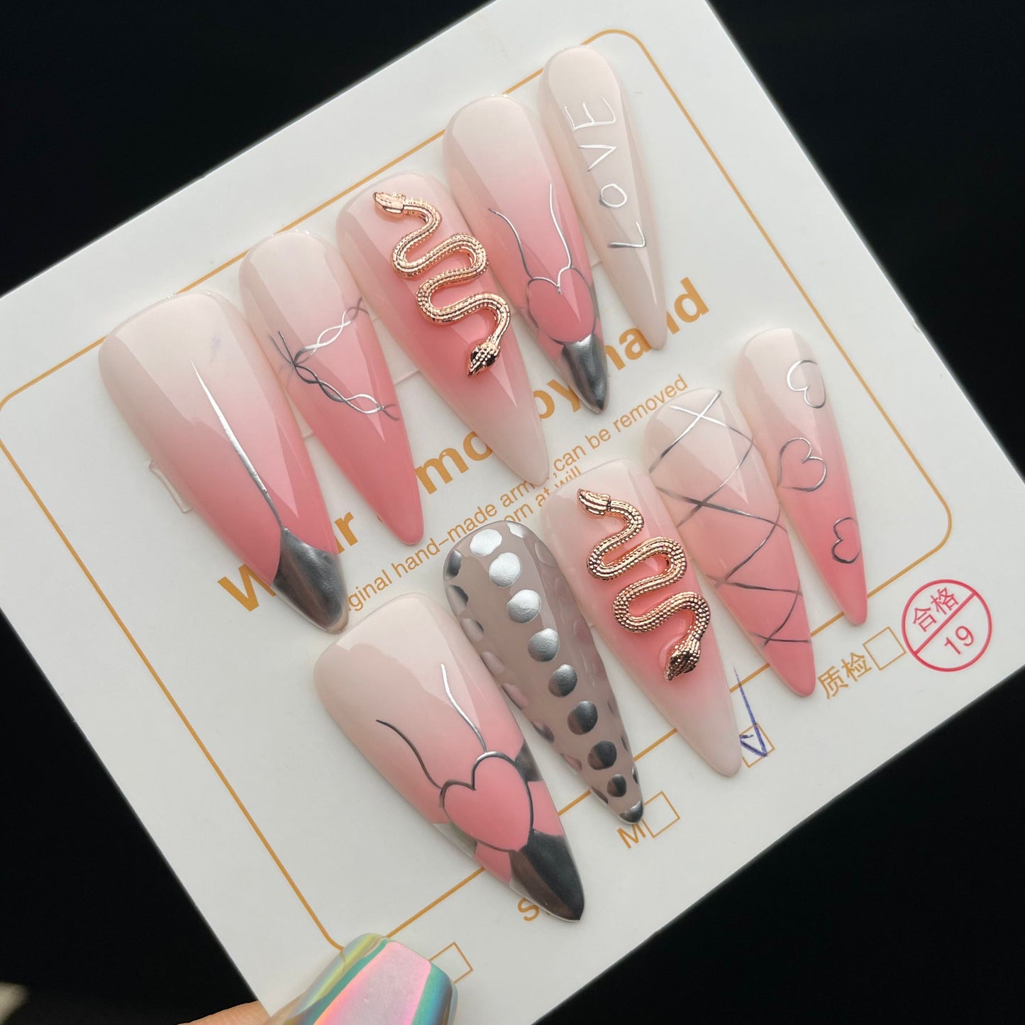 Handmade Press On Nails Long Stiletto Pink snake