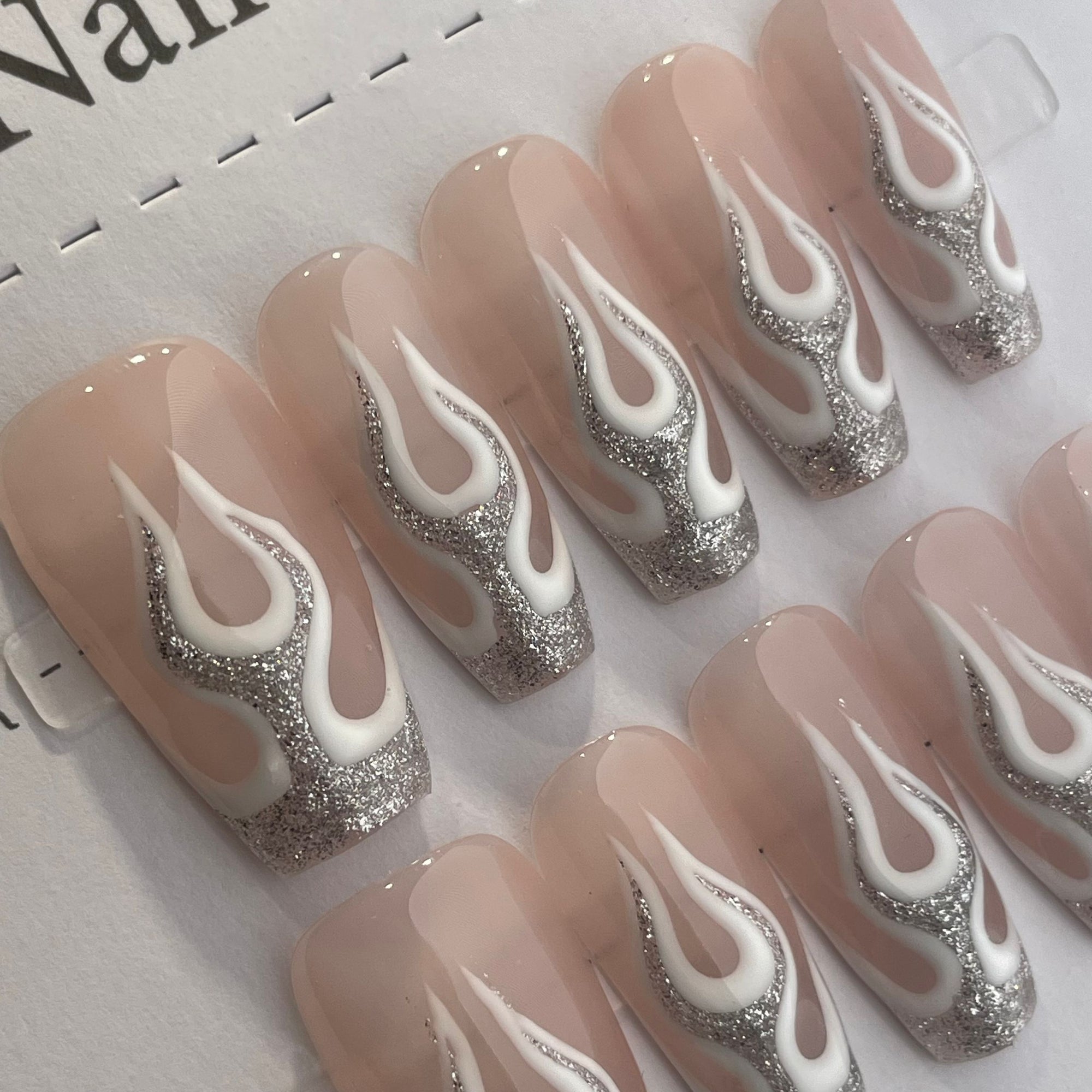 Handmade Press On Nails Long Coffin Silver flame-YiH