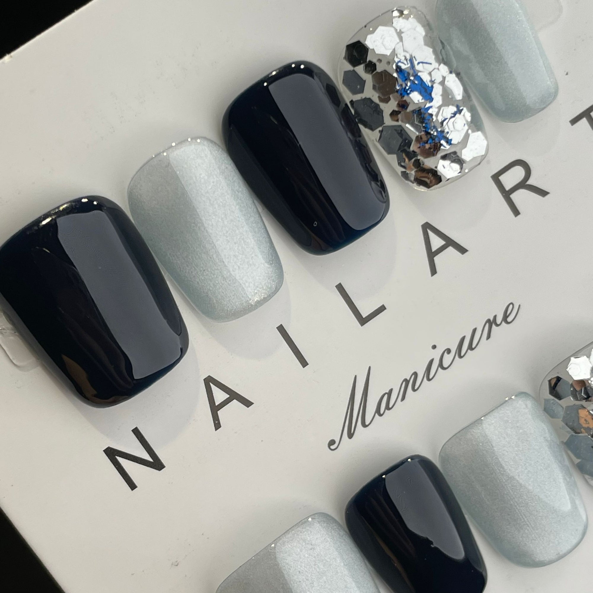 Handmade Press On Nails Short Coffin Blue glitter-YiH