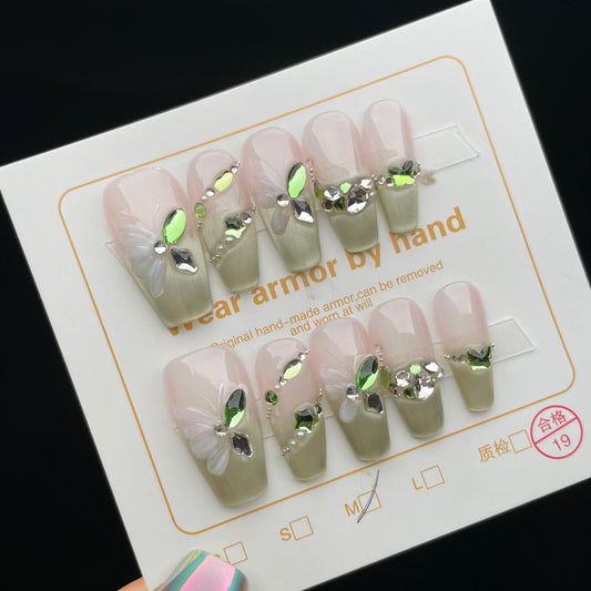 Handmade Press On Nails Long Coffin Green butterfly