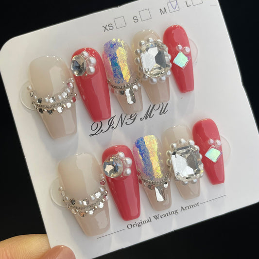 Handmade Press On Nails Long Coffin Pinky white-QingM