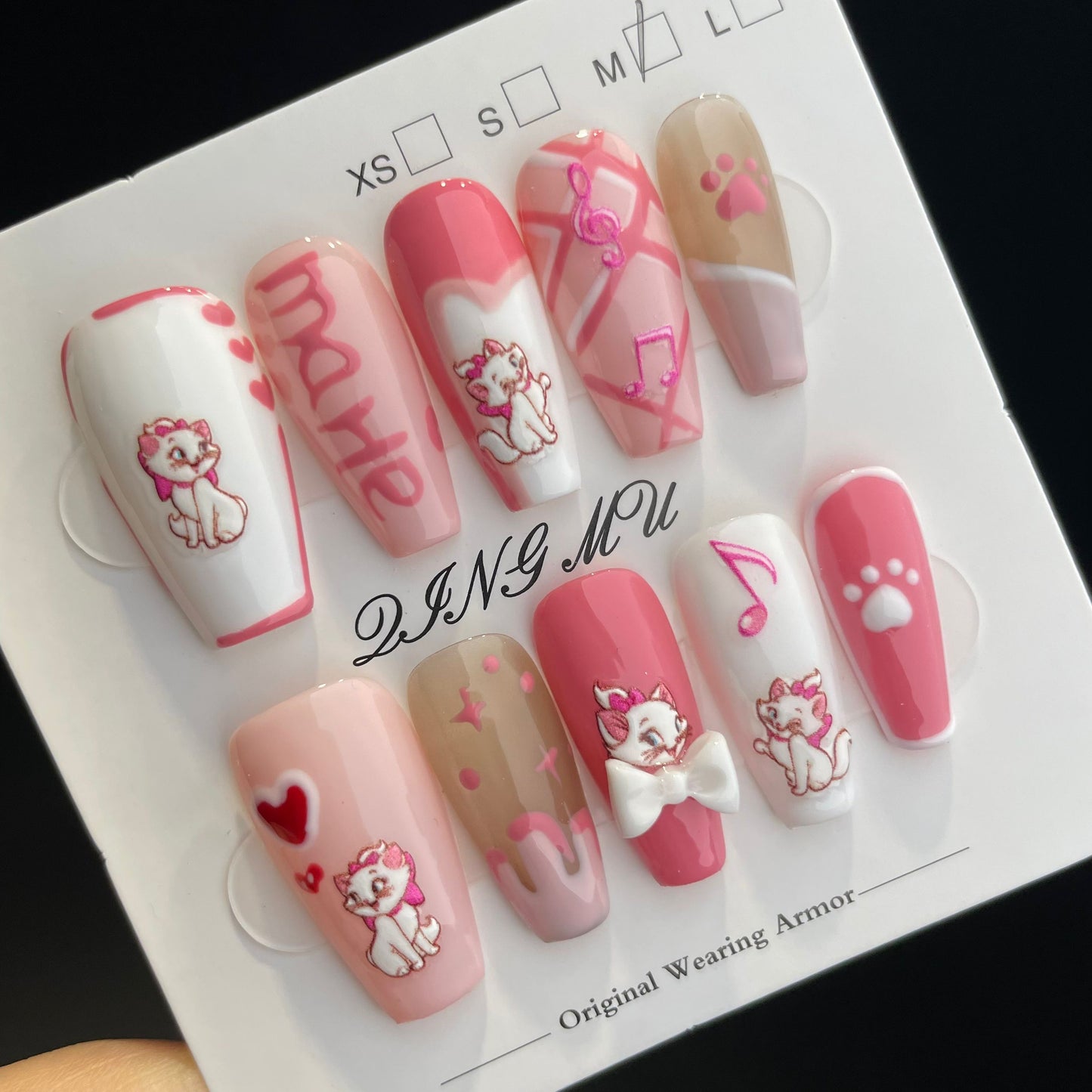 Handmade Press On Nails Long Coffin Rose pink sexy Mary cat-QingM