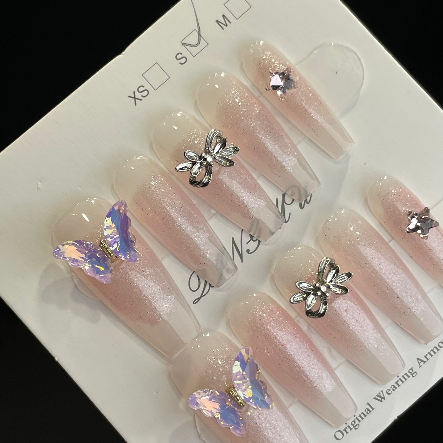 Handmade Press On Nails Long Coffin Three-dimensional butterfly