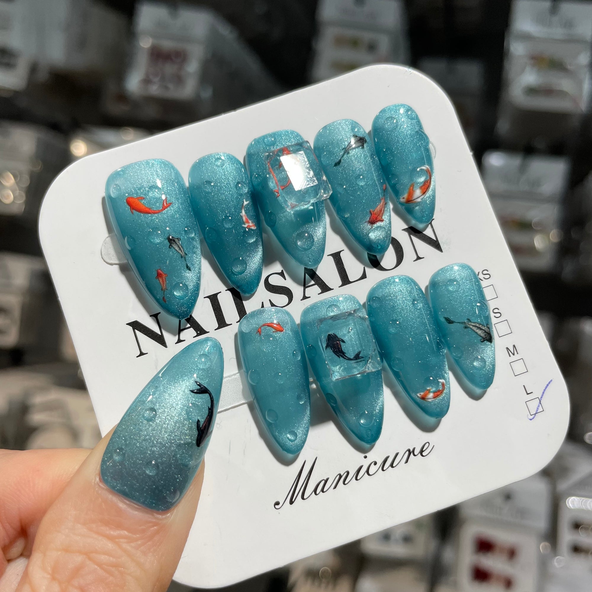 Y-H  hand made press on nails  Blue Ocean 009
