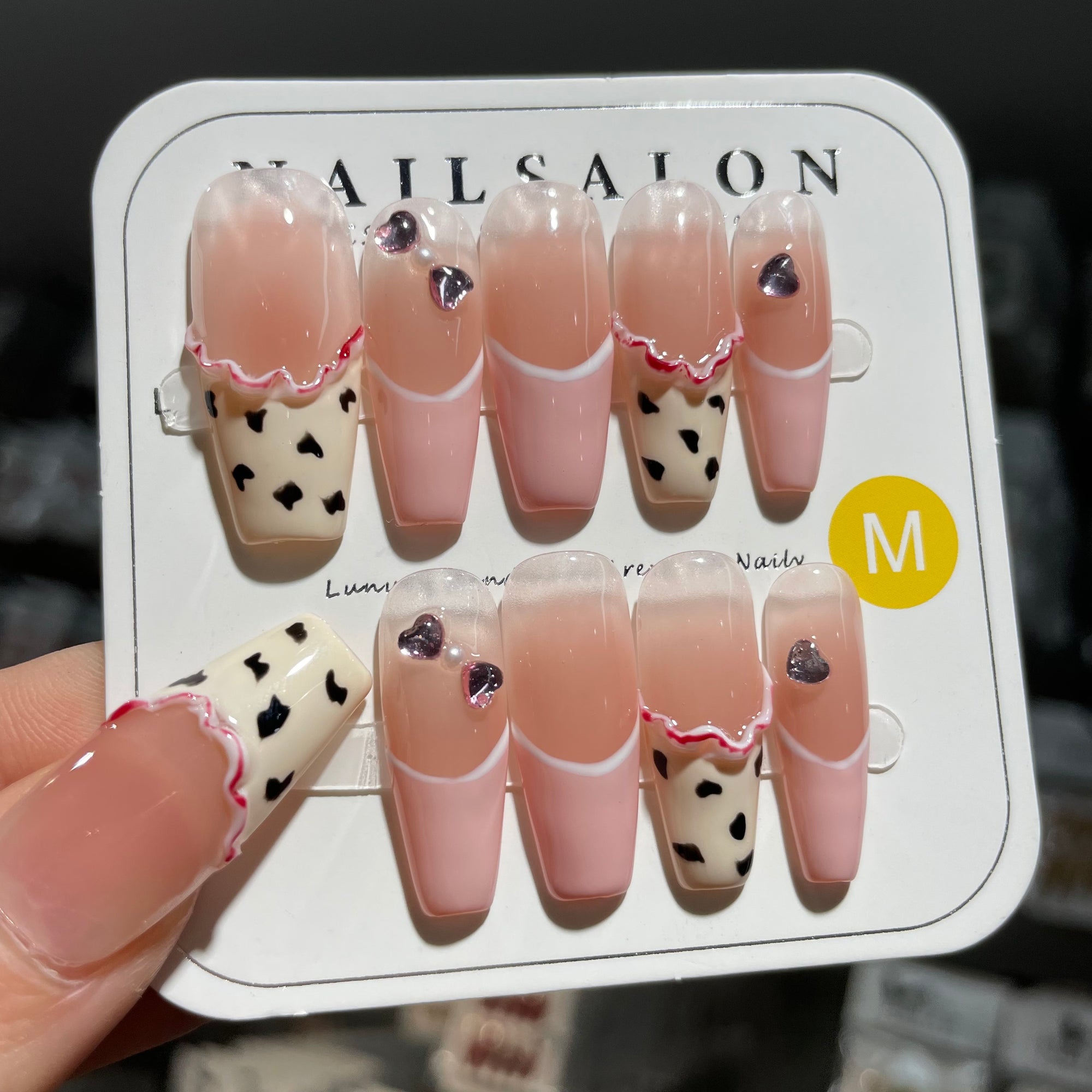 Y-H  hand made press on nails  Pink and diamonds 020