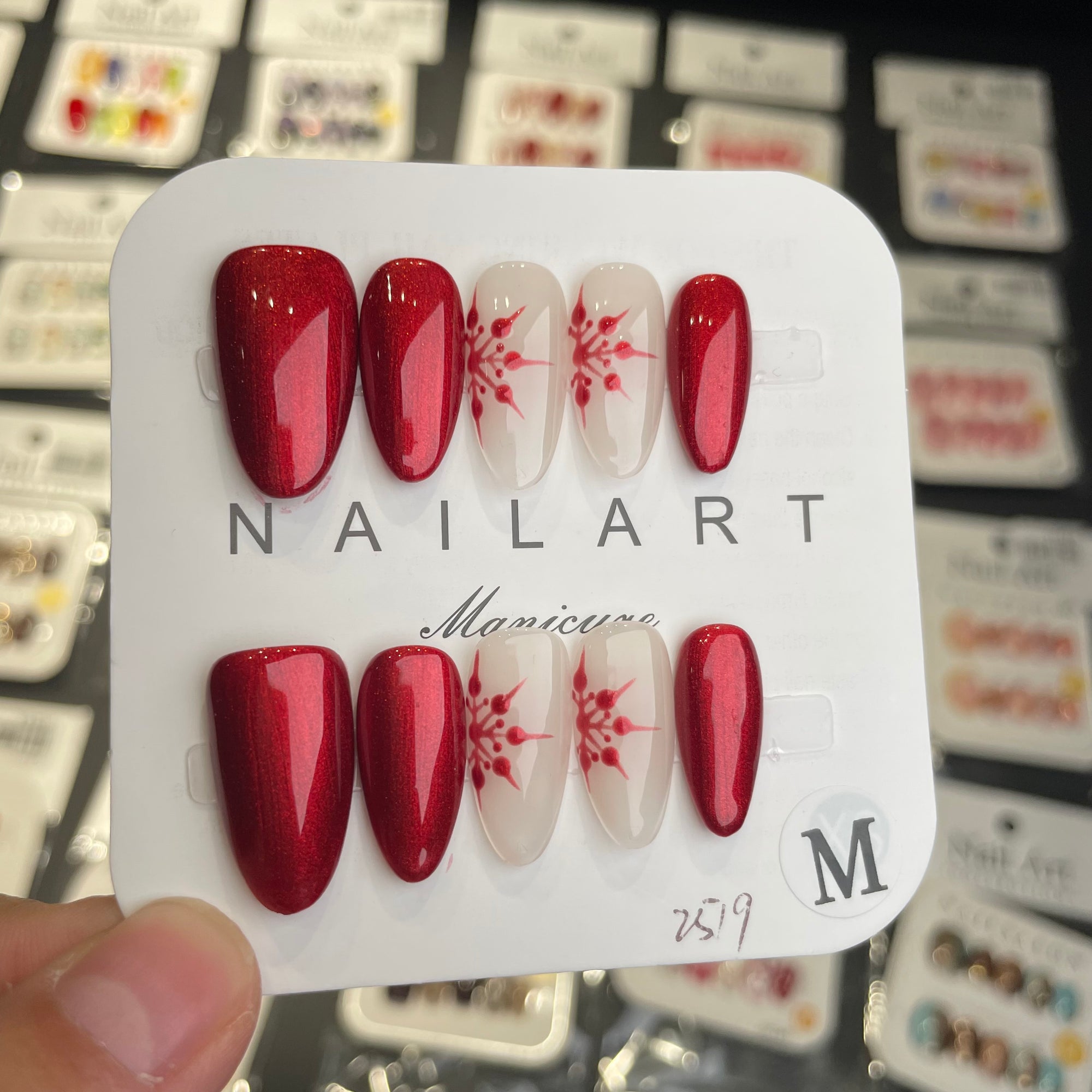 Y-H  hande made press on nails Red snowflake 029