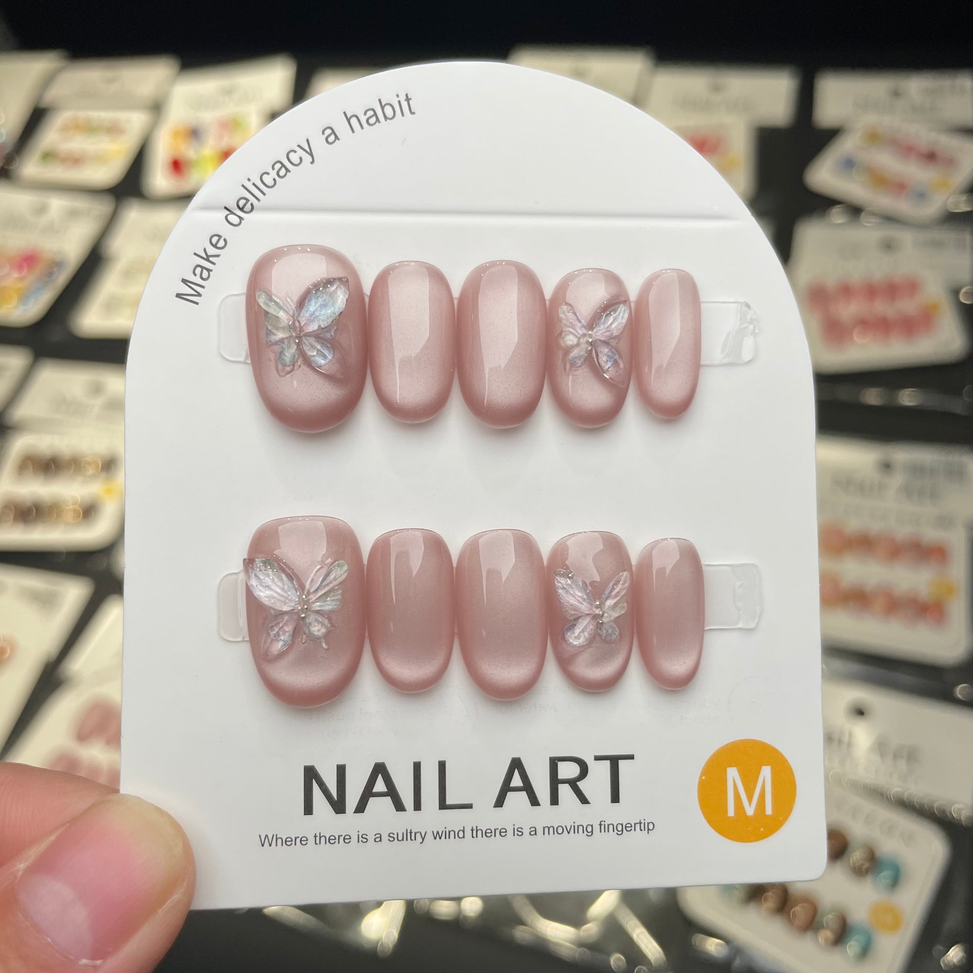 Y-H  hand made press on nails Pink flowers 036
