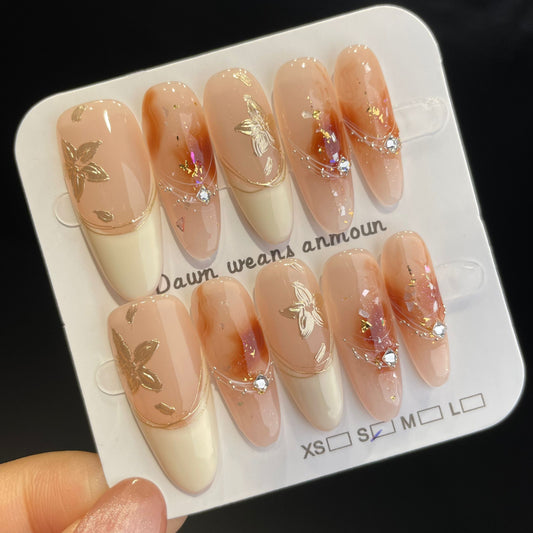 Handmade Press On Nails Long Almond Golden autumn-XiXX