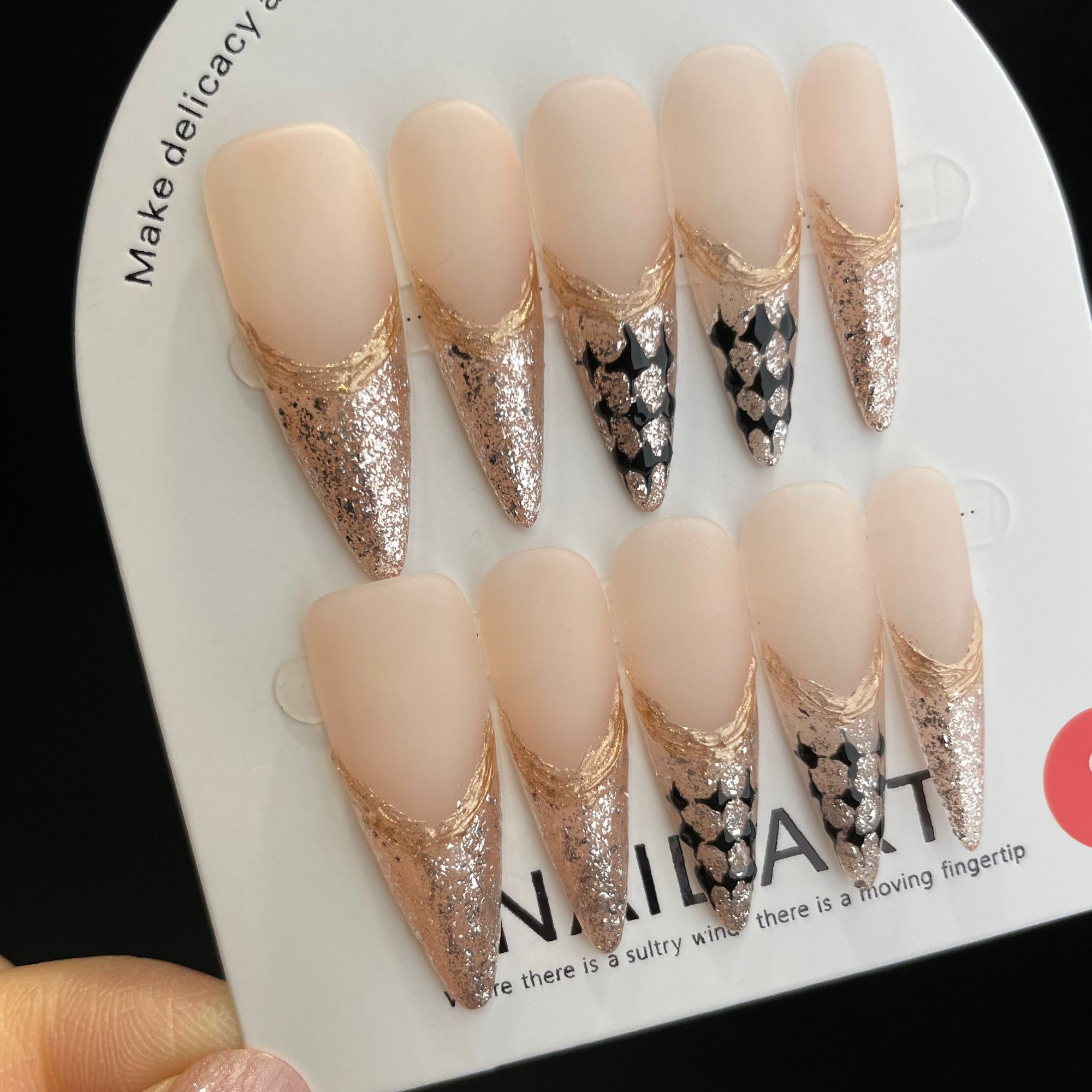 Handmade Press On Nails Long Stiletto Gold French diamond check-YiH