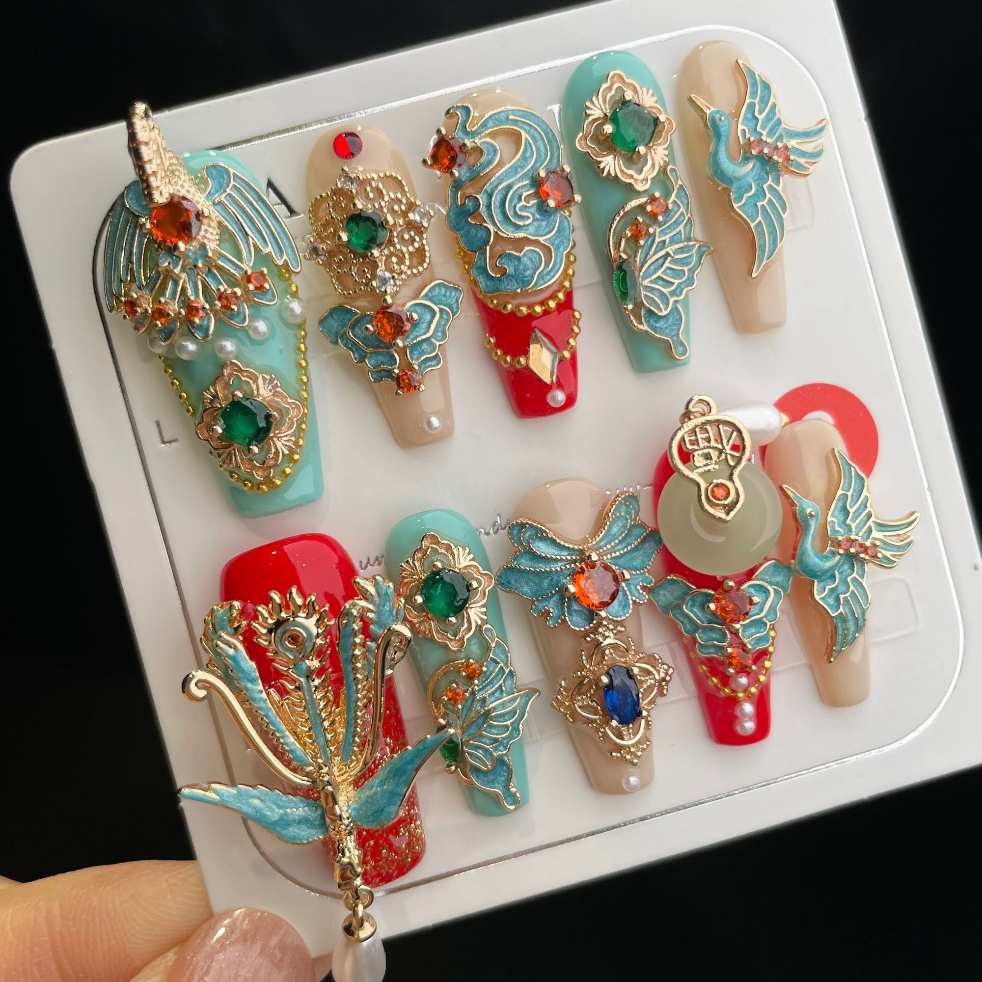 Handmade Press On Nails Long Coffin Gorgeous marriage red blue phoenix-YiH