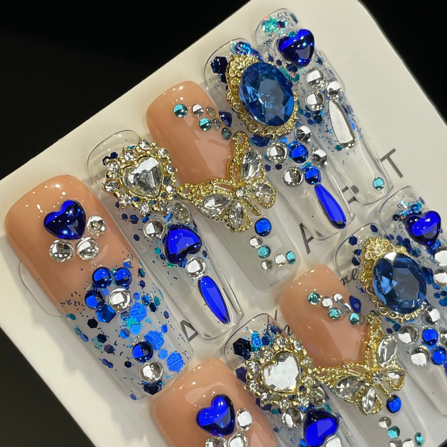 Handmade Press On Nails Long Coffin Blue treasure butterfly