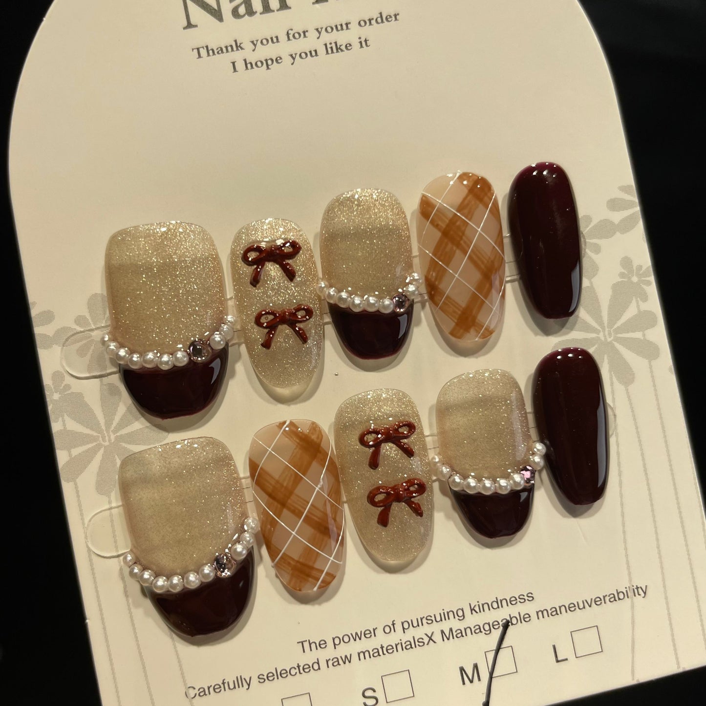 Handmade Press On Nails Short Oval Brown check French