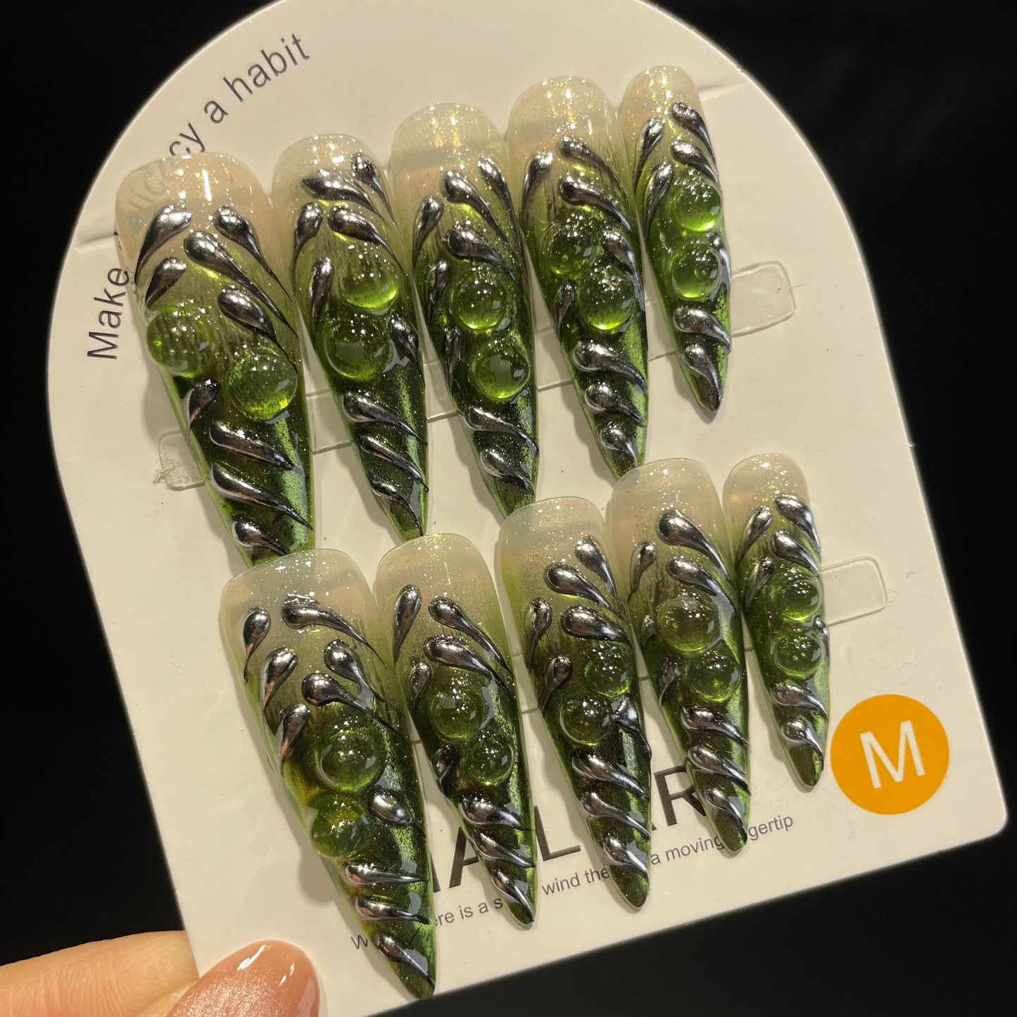 Handmade Press On Nails Extra-Long Stiletto Silver-green water drop