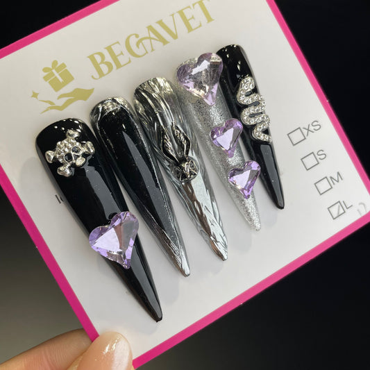 Handmade Press On Nails Extra-Long Stiletto Black and purple cool girl