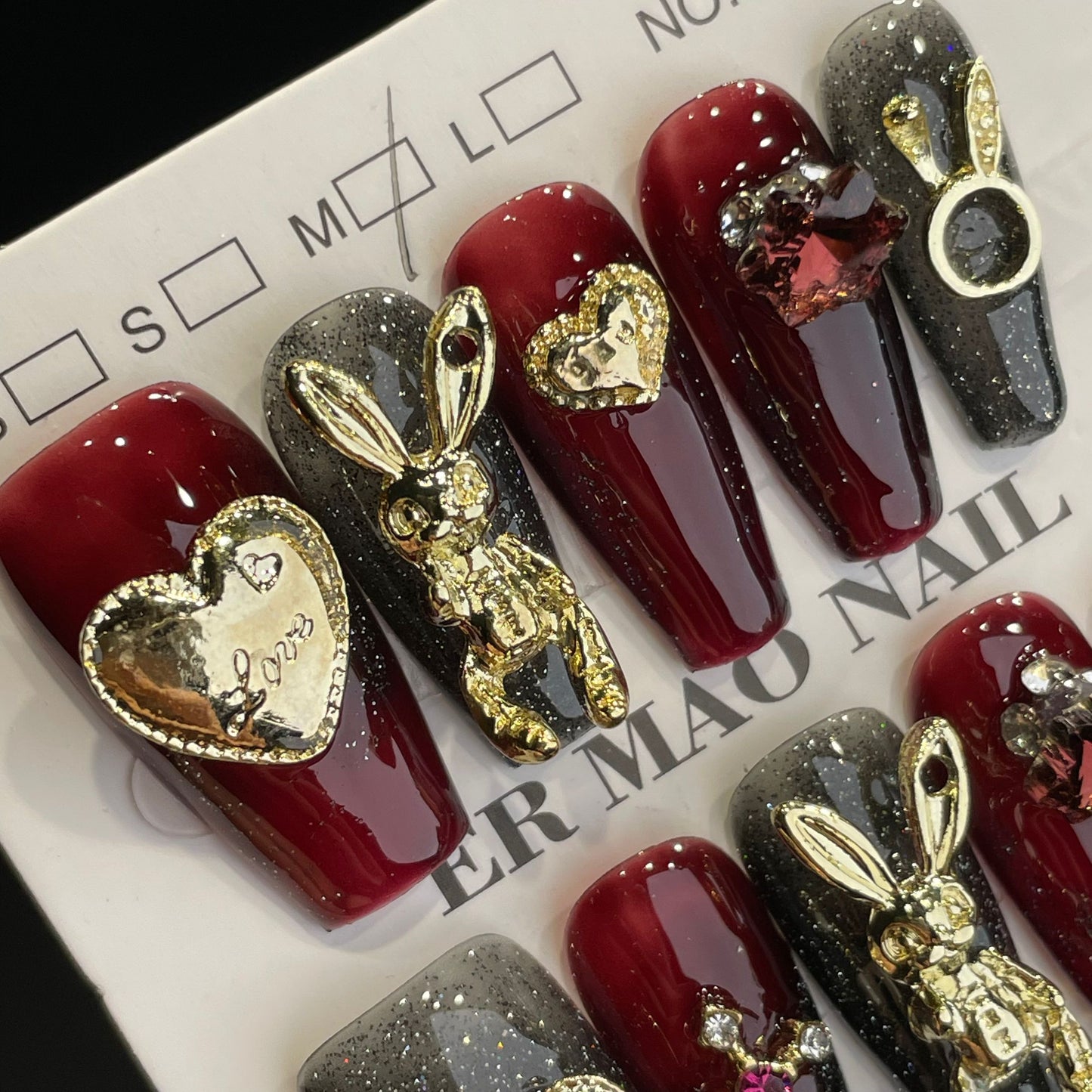 Handmade Press On Nails Long Coffin Metallic rabbit