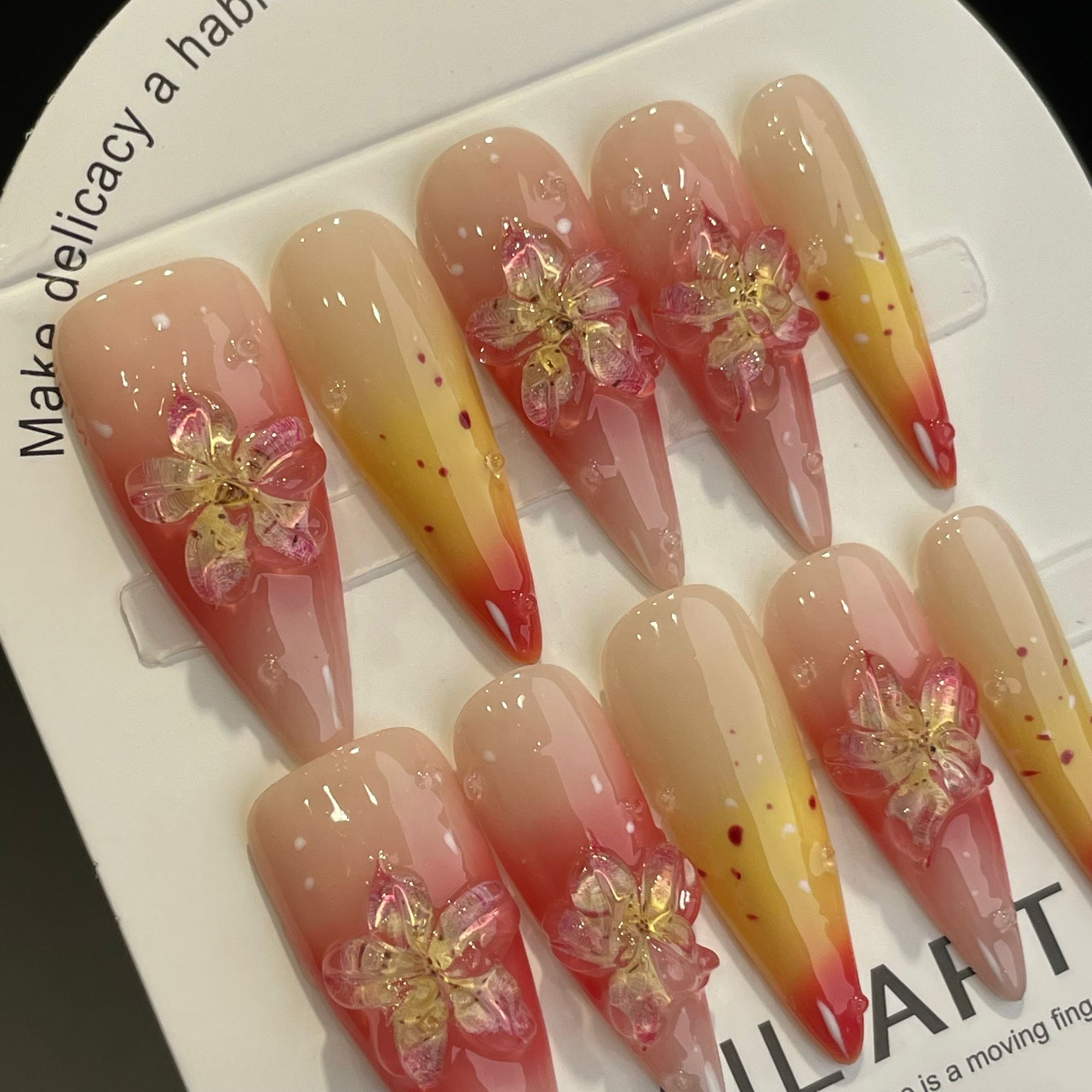Handmade Press On Nails Long Stiletto Lily gradient ice flower