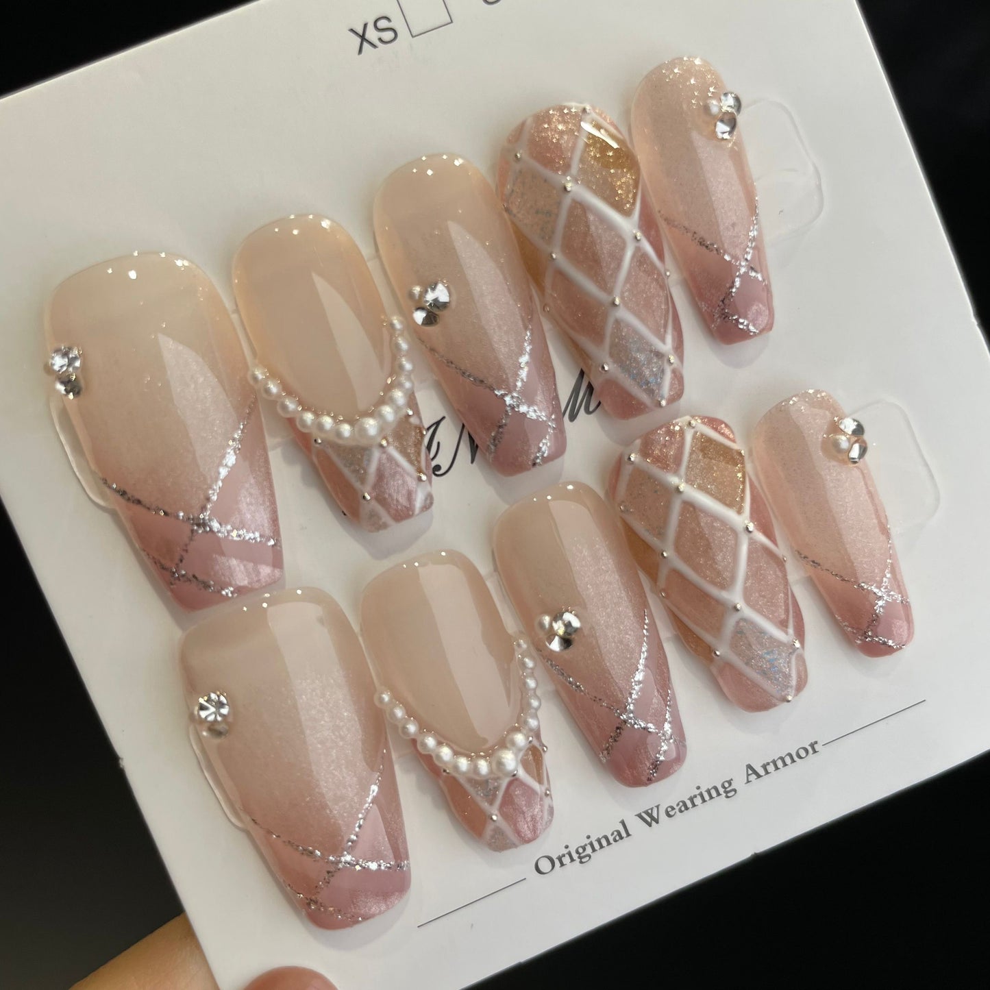 Handmade Press On Nails Long Coffin Pink diamond lattice delicate