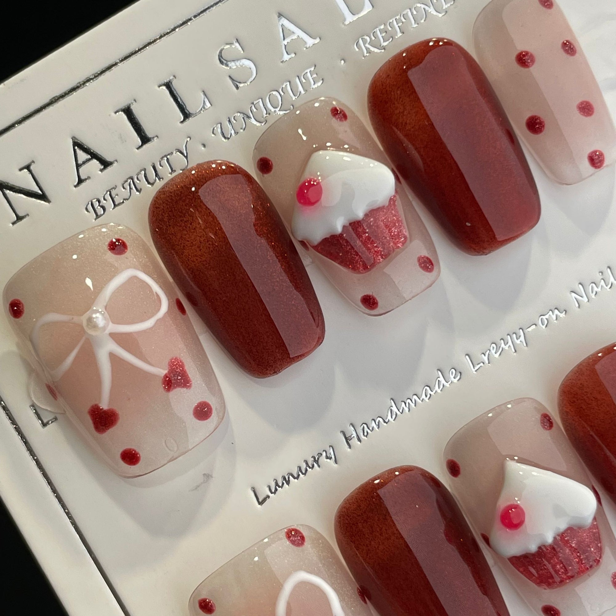 Handmade Press On Nails Medium Coffin Cat's eye strawberry cake-YiH