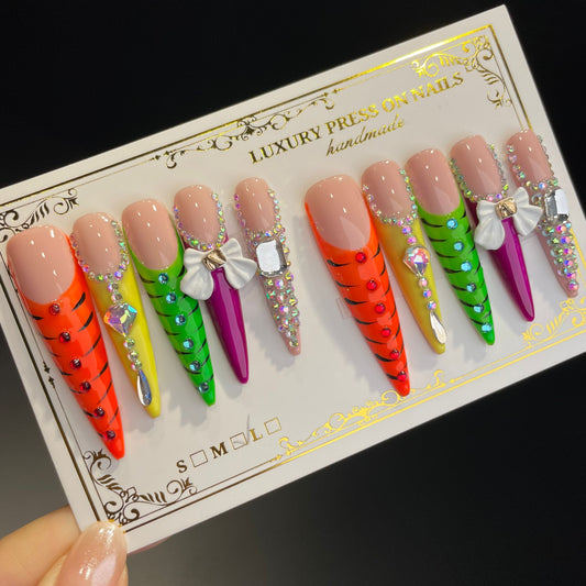 Handmade Press On Nails Extra-Long Stiletto Colorful fingertip