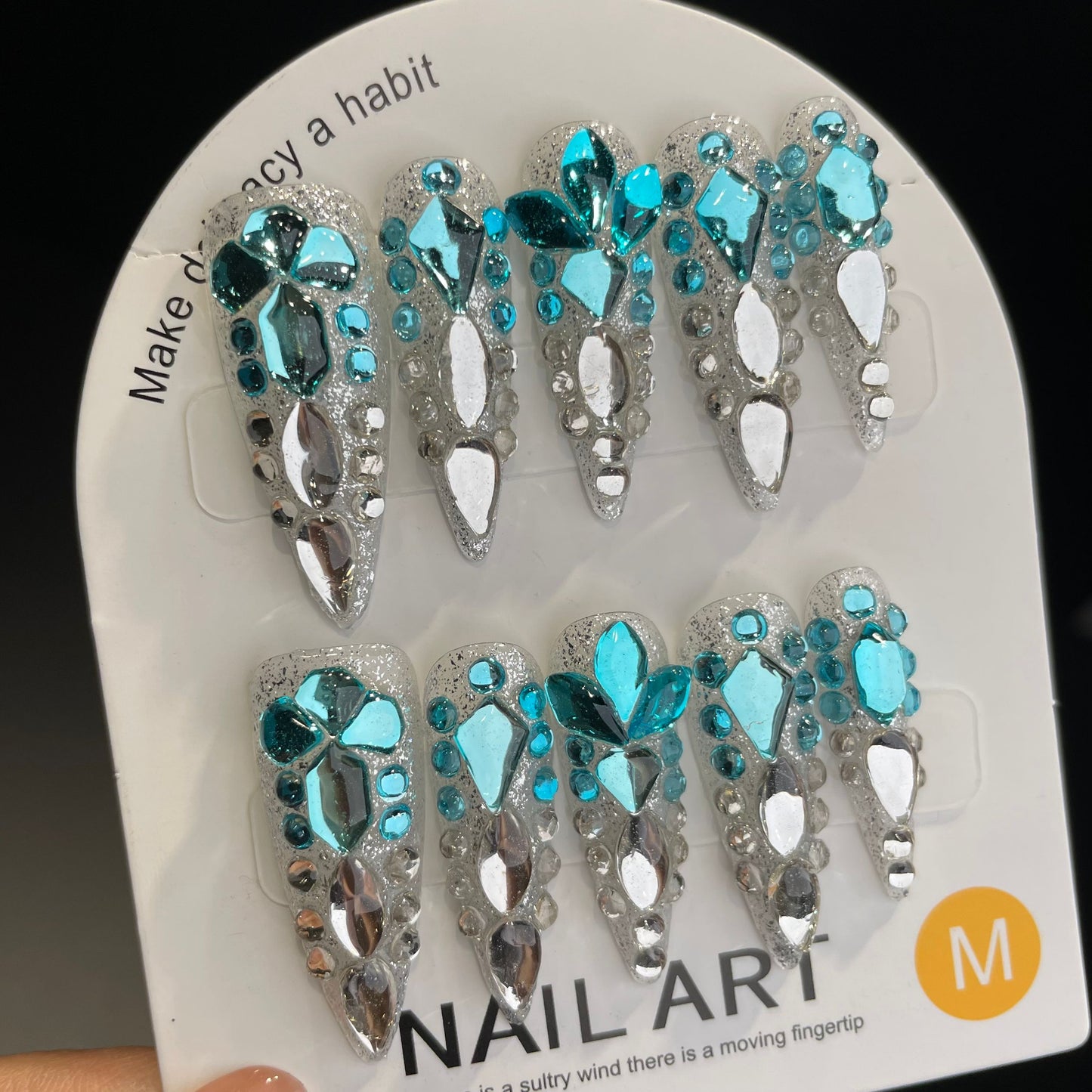 Handmade Press On Nails Long Stiletto Blue white full of diamonds