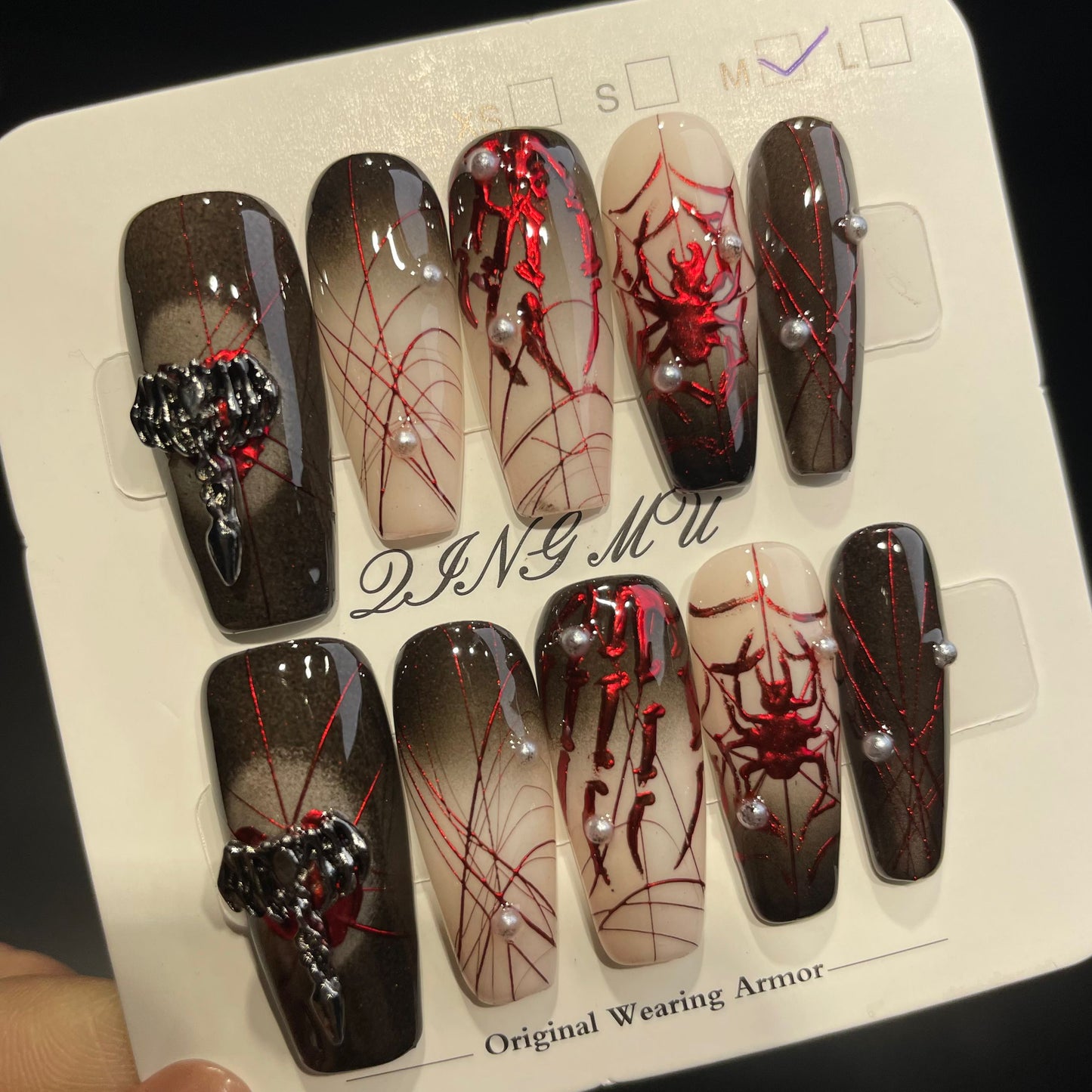 Handmade Press On Nails Long Coffin Spider wrap-QingM