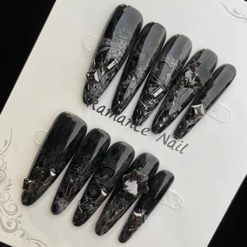 Handmade Press On Nails Long Oval Black snake scale-YiH
