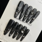 Handmade Press On Nails Long Oval Black snake scale-YiH
