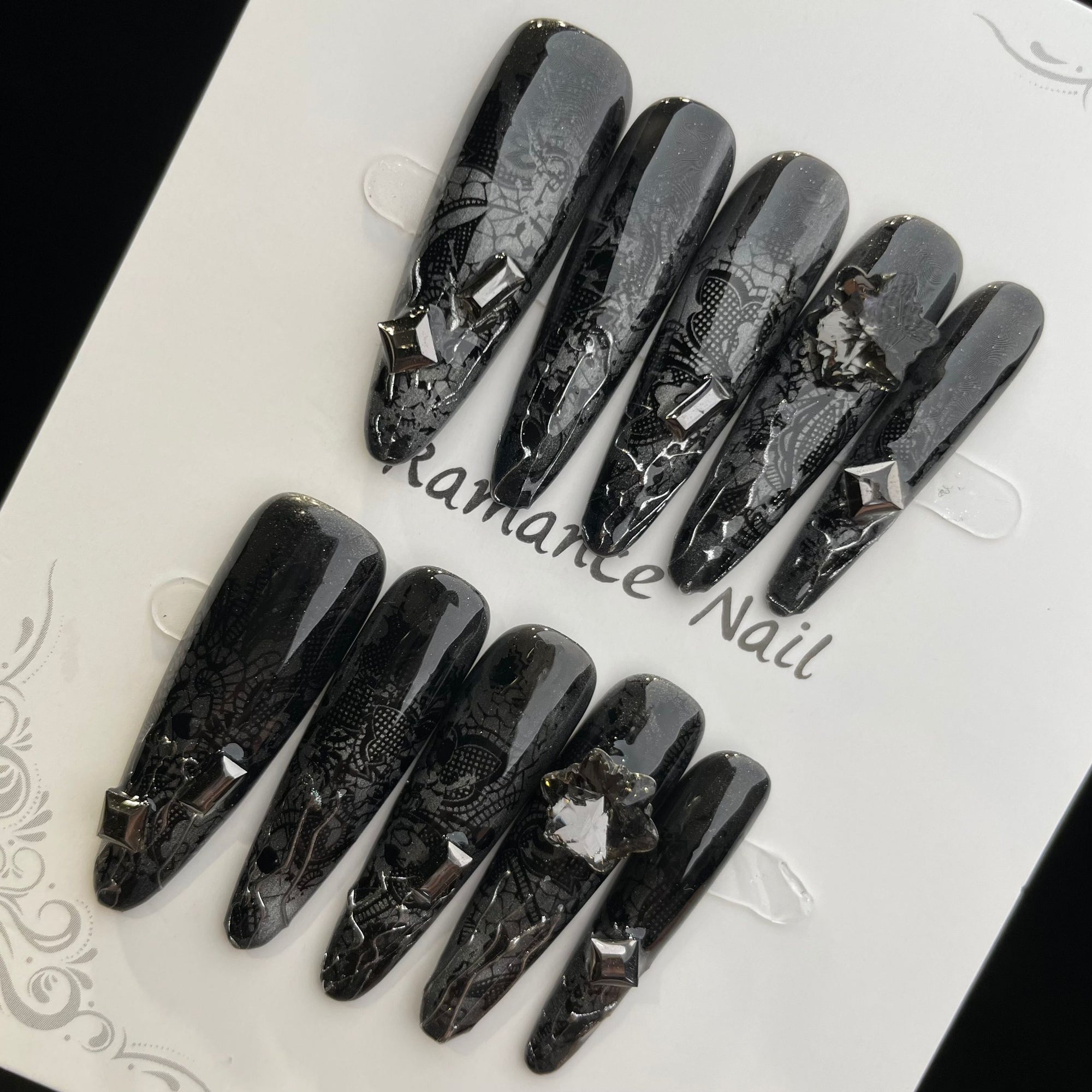 Handmade Press On Nails Long Oval Black snake scale-YiH