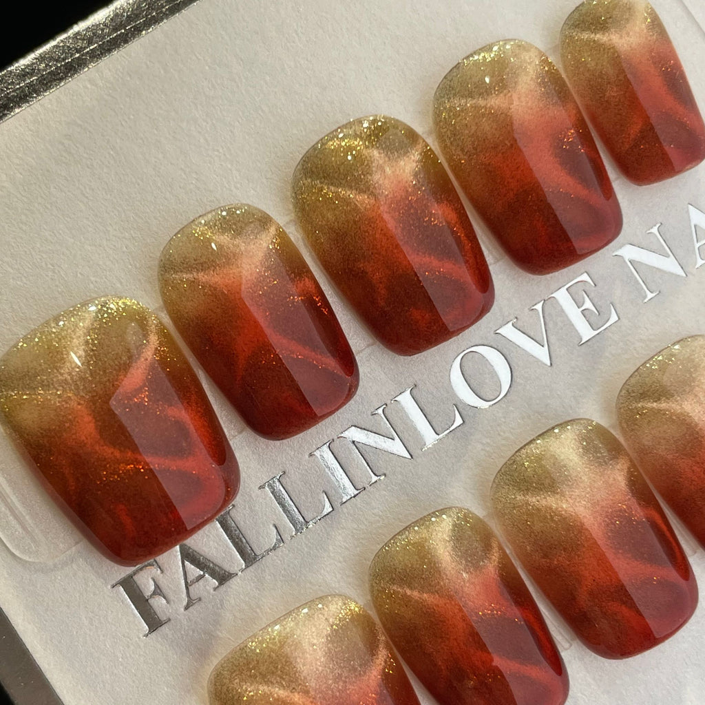 Handmade Press On Nails Short Coffin Tiger print cat eyes-YiH