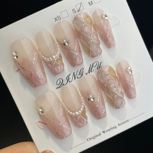 Handmade Press On Nails Long Coffin Pink Coquilings-QingM