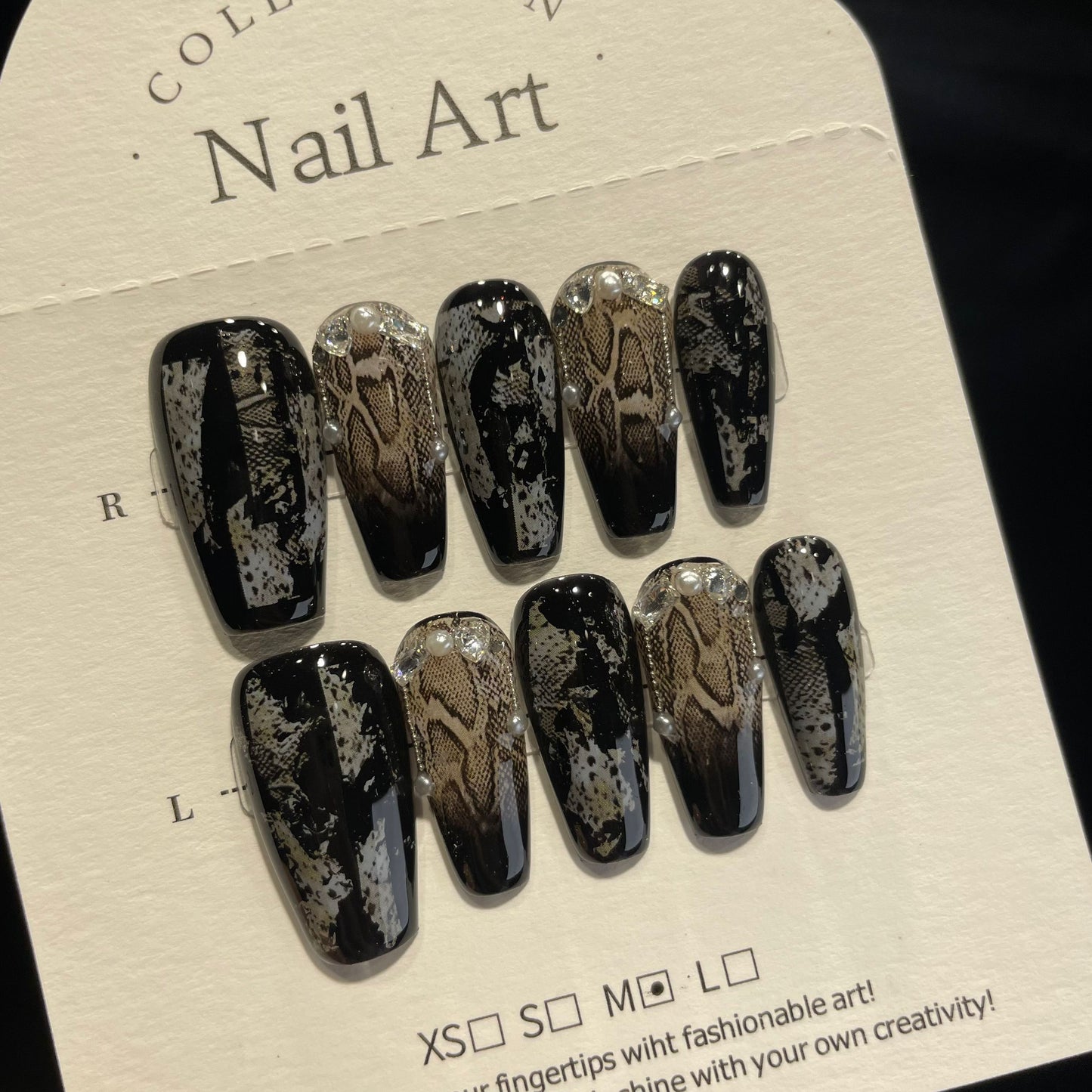 Handmade Press On Nails Long Coffin Black snake scale