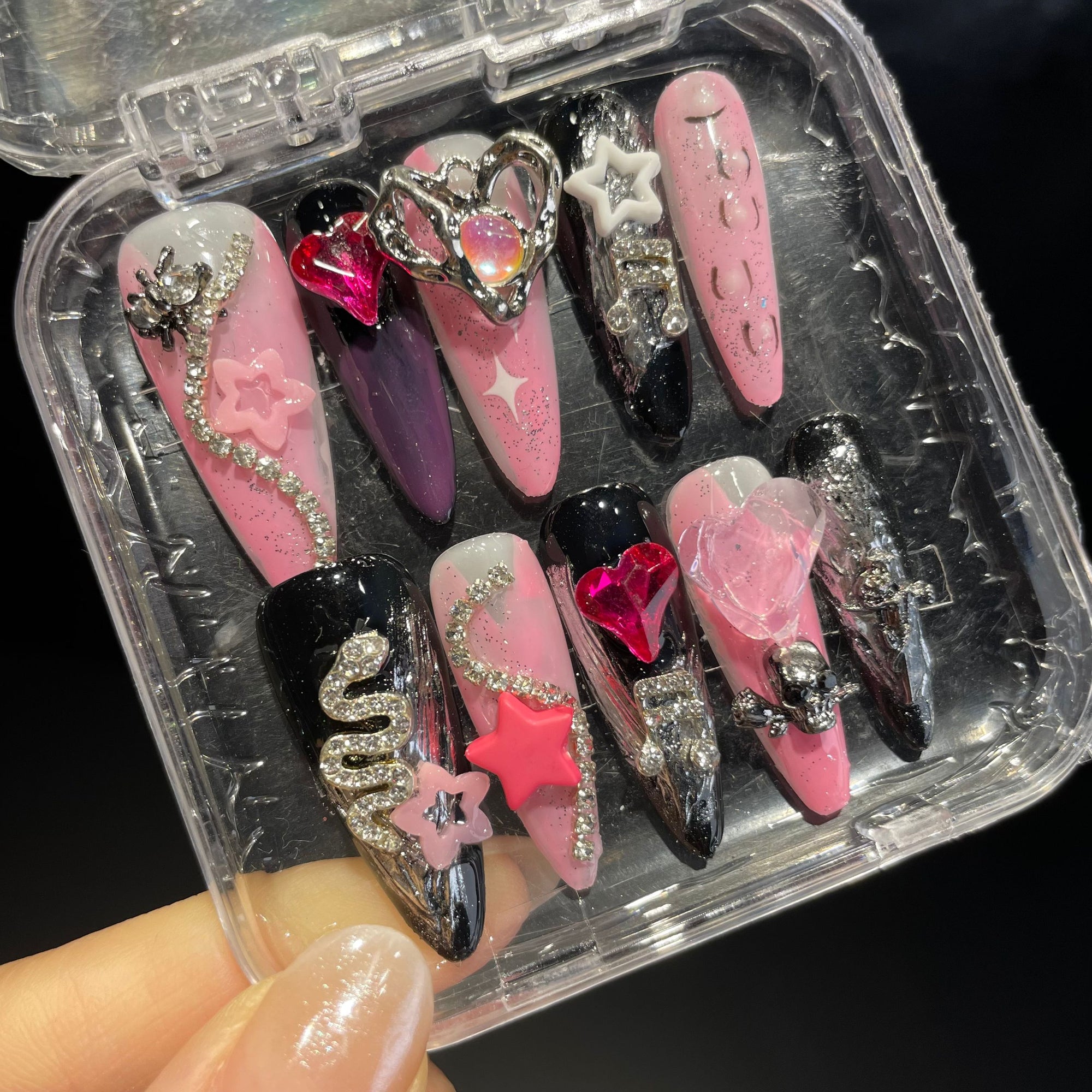 Handmade Press On Nails Long Stiletto Love star snake