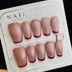 Handmade Press On Nails Medium Coffin Red French cat eyes-YiH