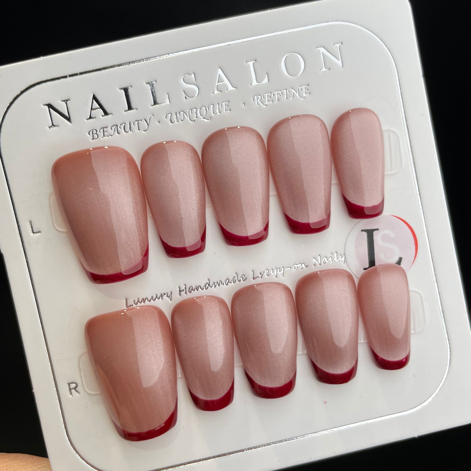 Handmade Press On Nails Medium Coffin Red French cat eyes-YiH