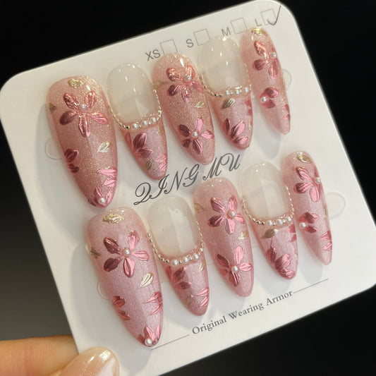 Handmade Press On Nails Long Almond Pink cherry blossom