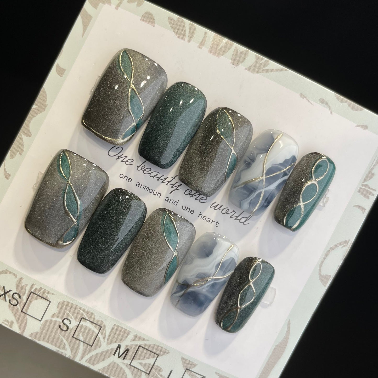 Handmade Press On Nails Medium Coffin Green streamer