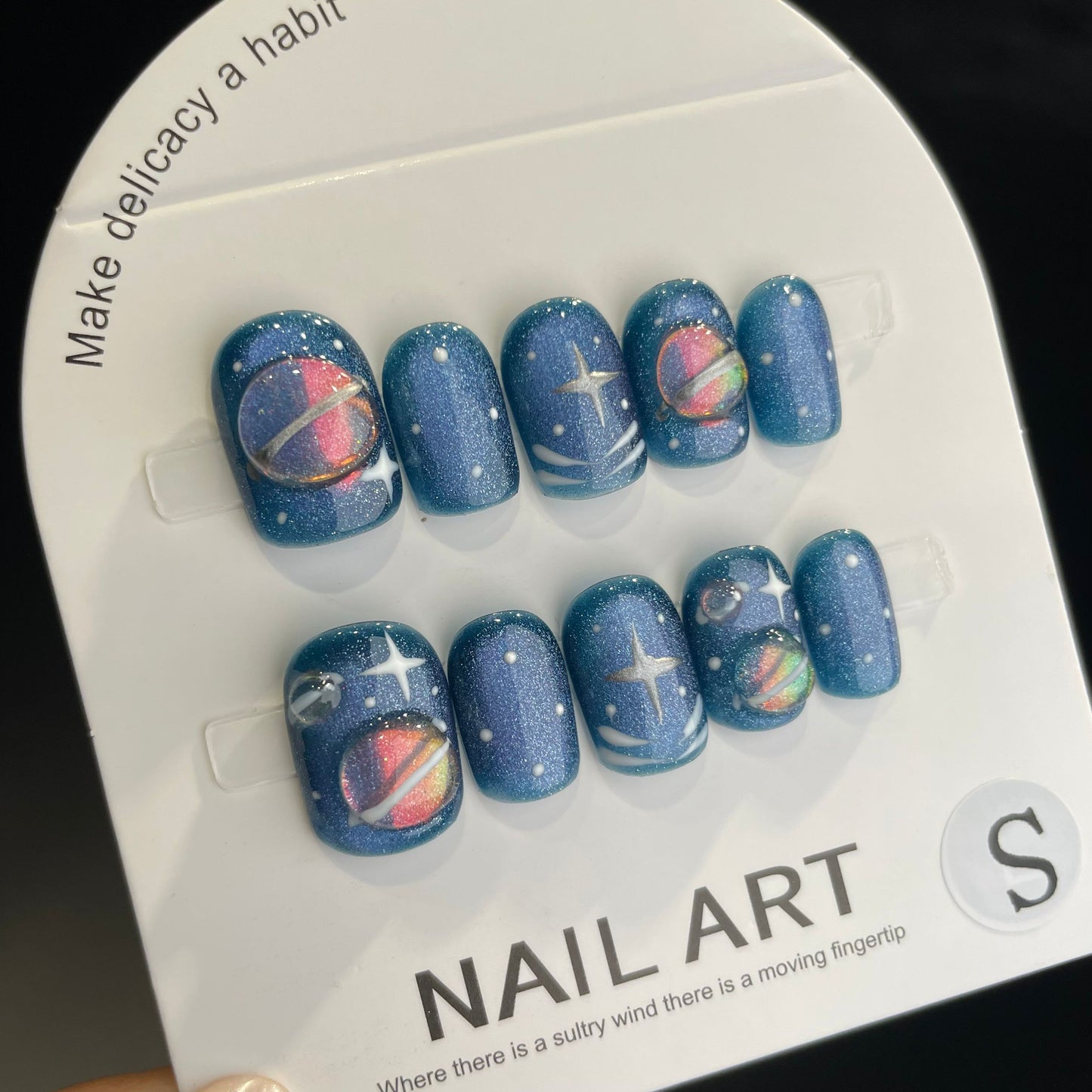 Handmade Press On Nails Short Square Blue planet